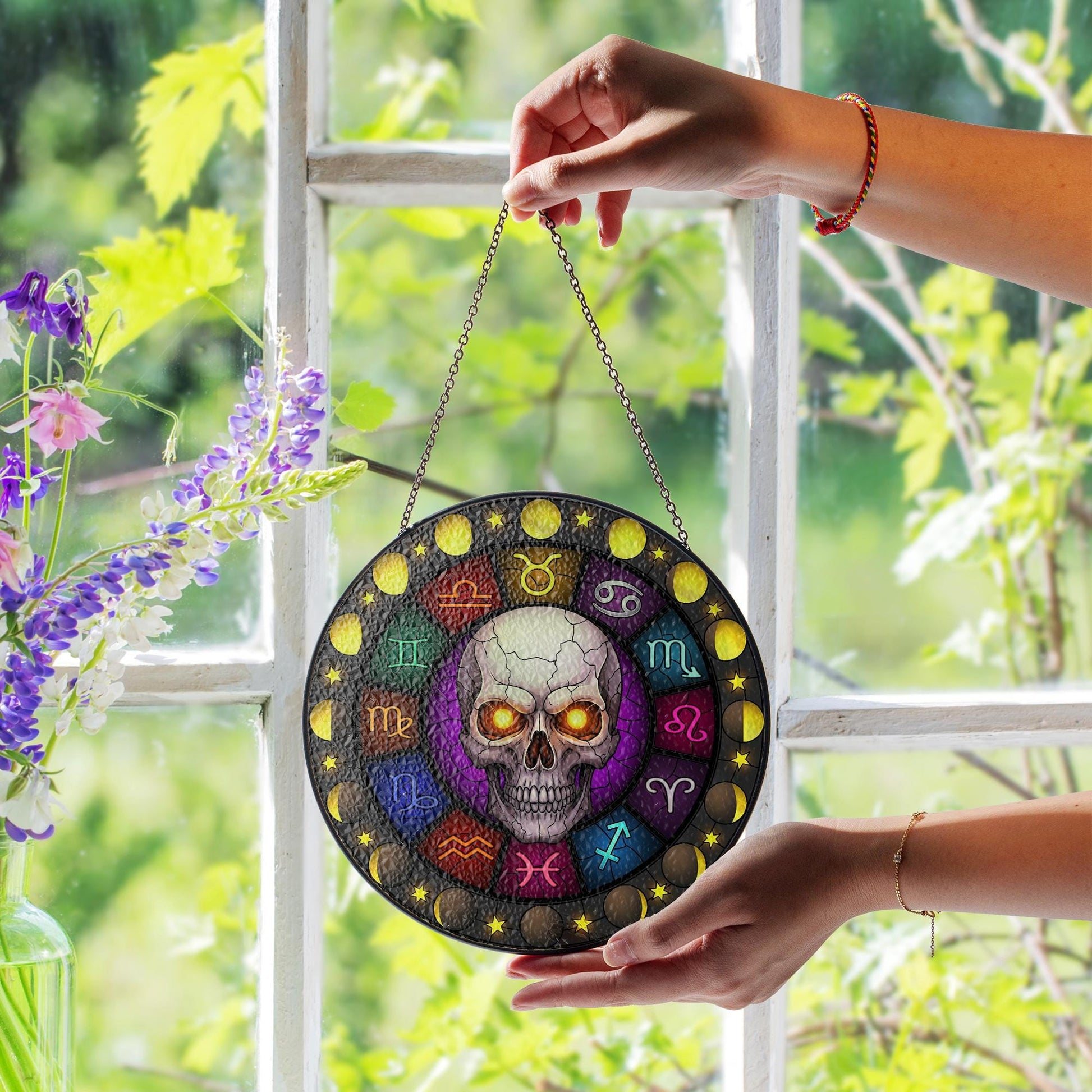 Gothic Zodiac Skull Suncatcher – Stained Glass Window Hanging with Astrology Signs & Moon Phases – Occult Witchy Decor for Spiritual Home
