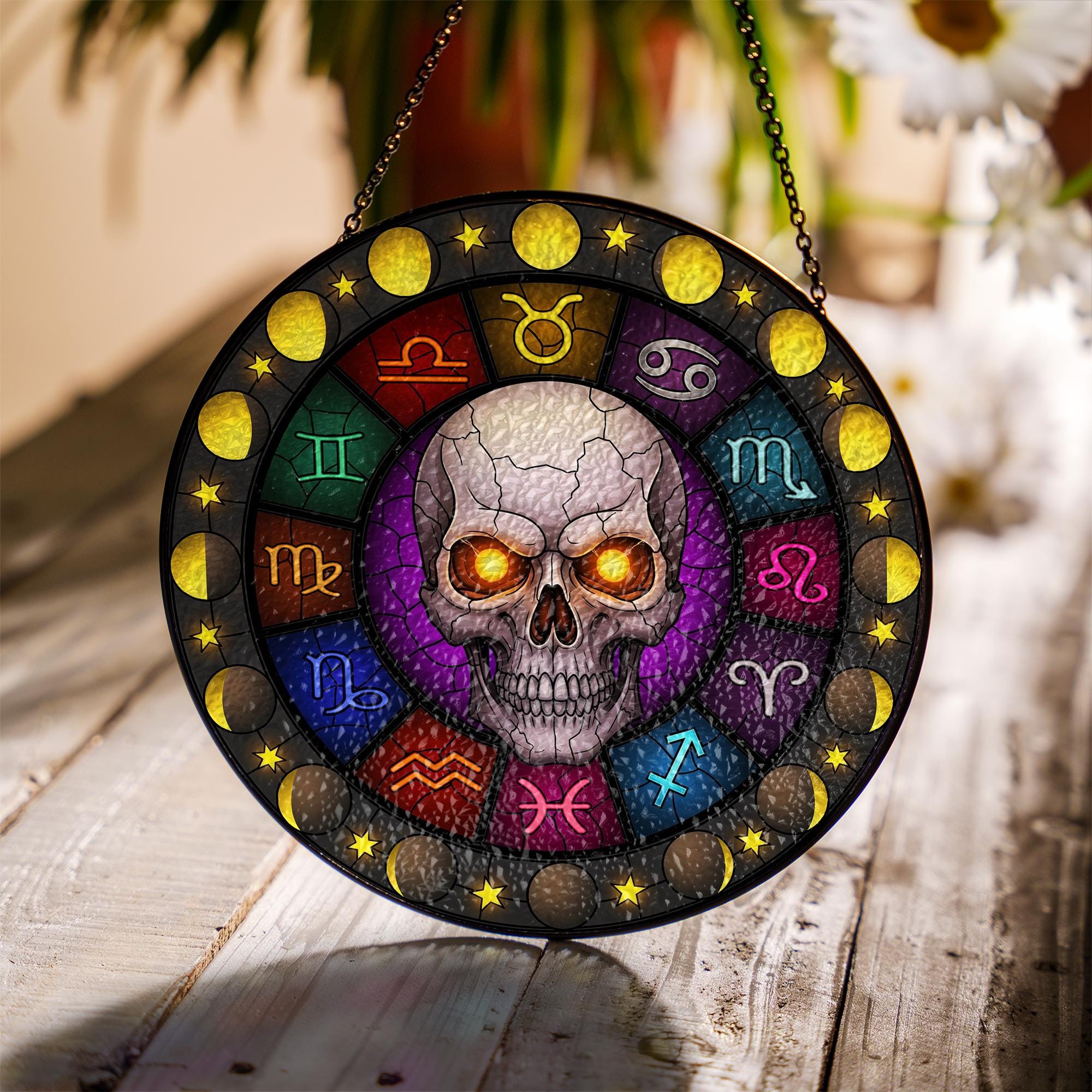Gothic Zodiac Skull Suncatcher – Stained Glass Window Hanging with Astrology Signs & Moon Phases – Occult Witchy Decor for Spiritual Home
