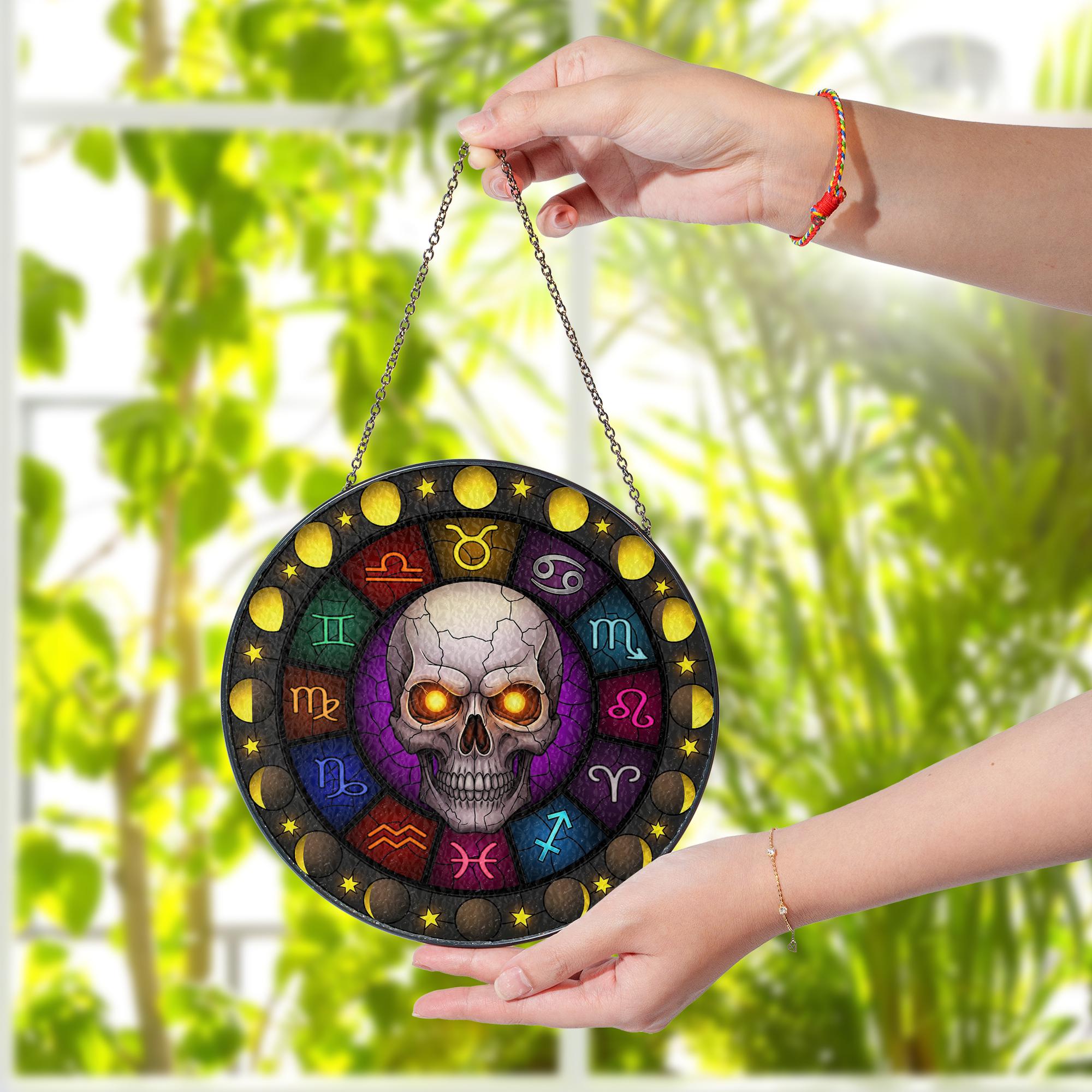 Gothic Zodiac Skull Suncatcher – Stained Glass Window Hanging with Astrology Signs & Moon Phases – Occult Witchy Decor for Spiritual Home