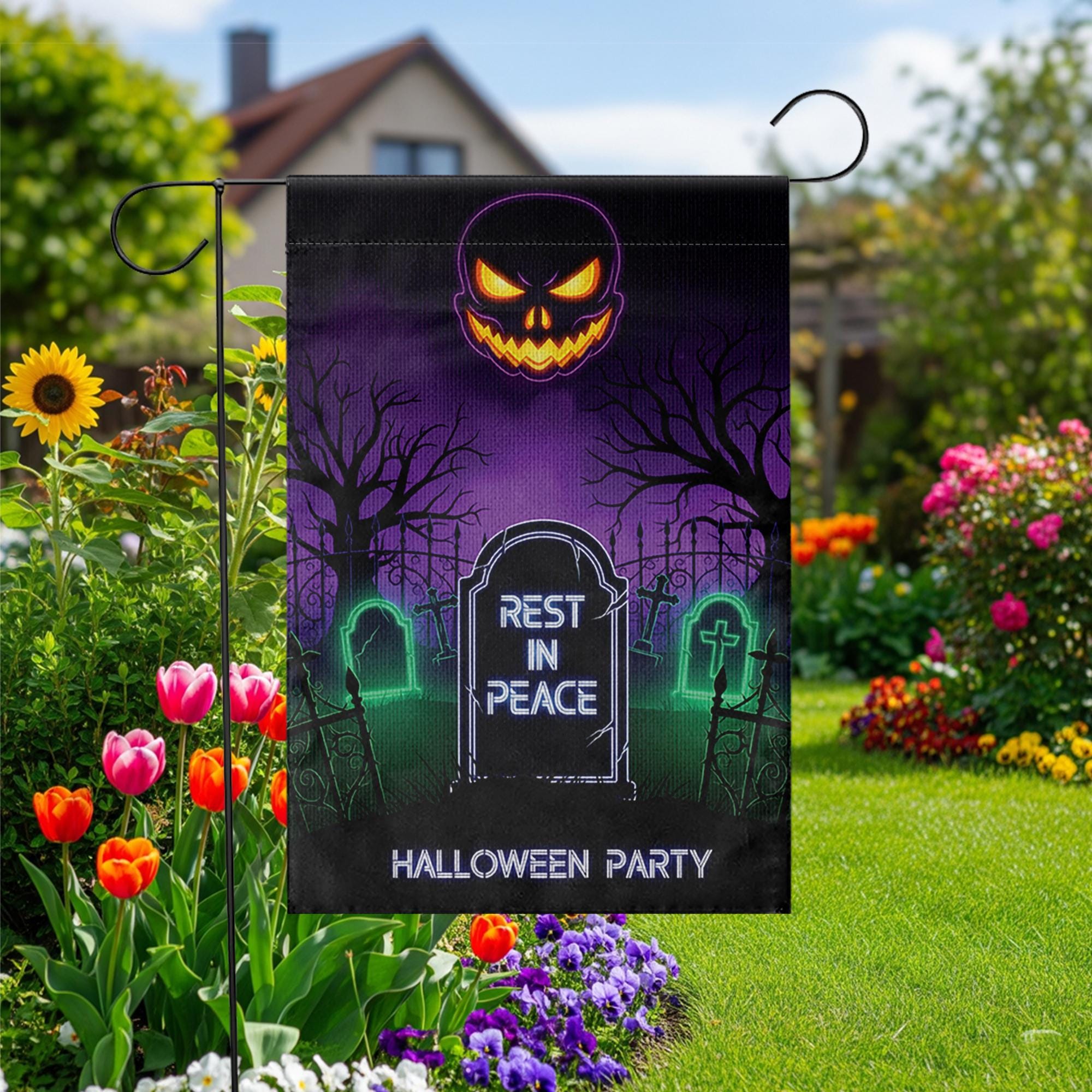 Halloween RIP Garden Flag – Spooky Yard Decor with Tombstone & Jack-o'-Lantern – Scary Graveyard Outdoor Sign for Halloween Party