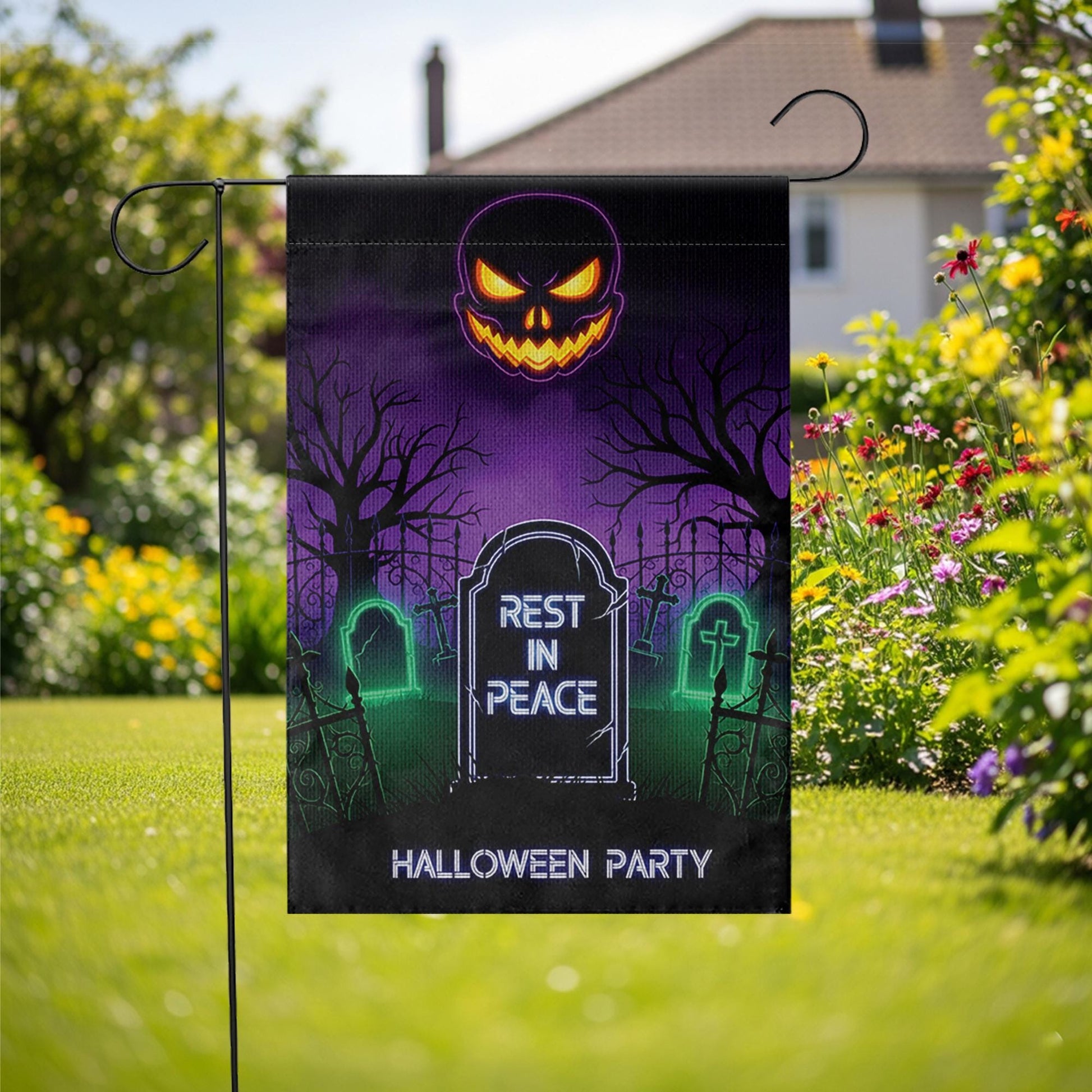 Halloween RIP Garden Flag – Spooky Yard Decor with Tombstone & Jack-o'-Lantern – Scary Graveyard Outdoor Sign for Halloween Party