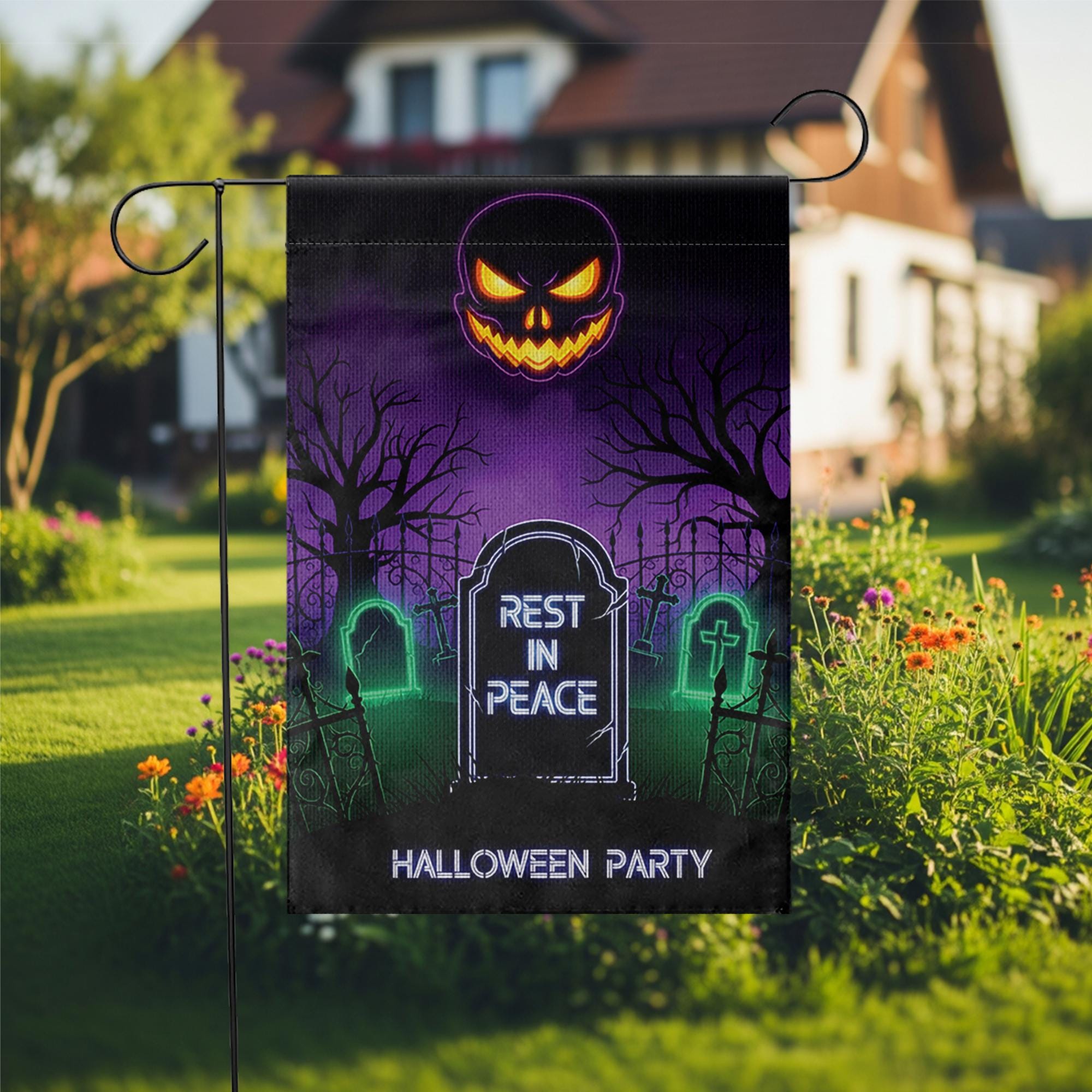 Halloween RIP Garden Flag – Spooky Yard Decor with Tombstone & Jack-o'-Lantern – Scary Graveyard Outdoor Sign for Halloween Party