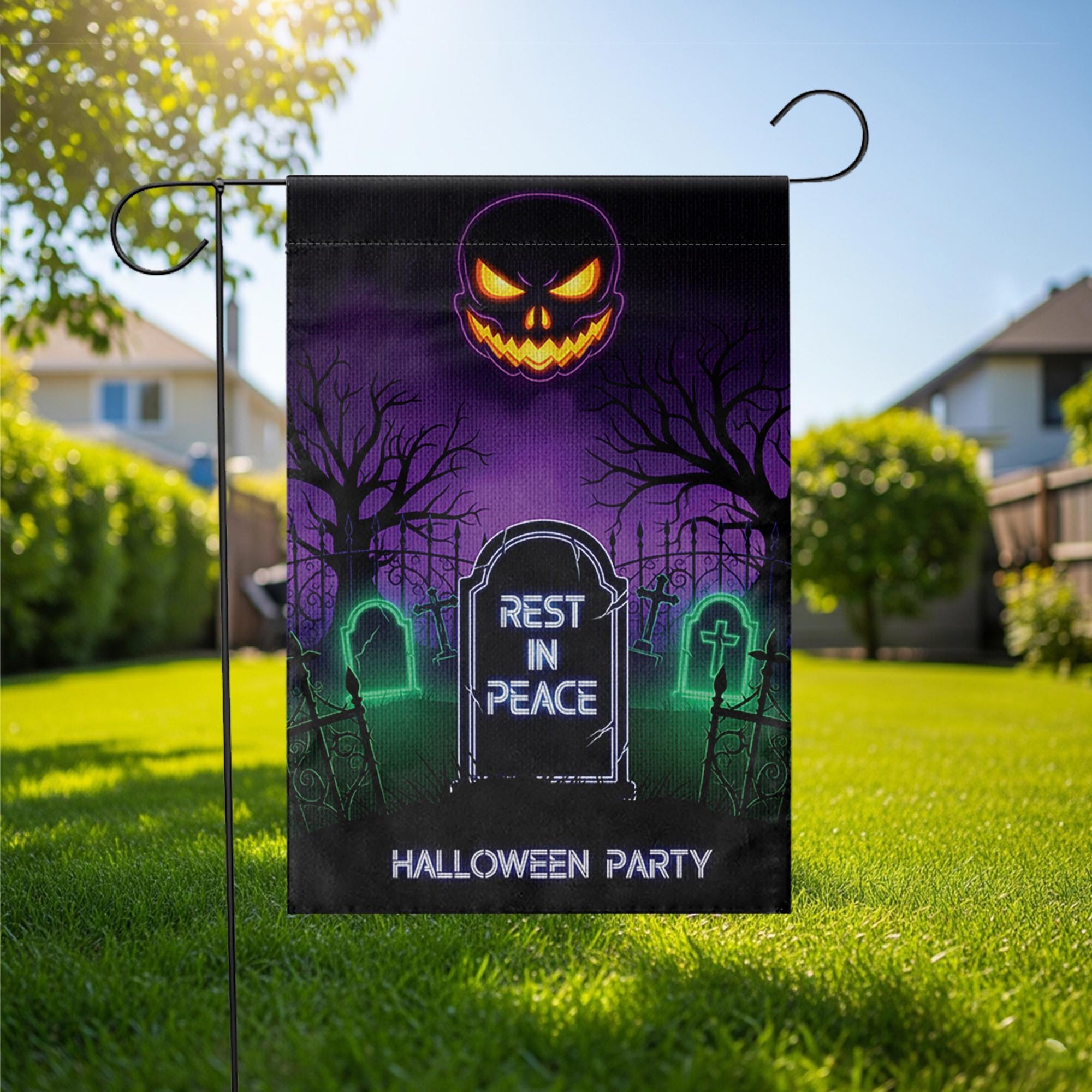 Halloween RIP Garden Flag – Spooky Yard Decor with Tombstone & Jack-o'-Lantern – Scary Graveyard Outdoor Sign for Halloween Party
