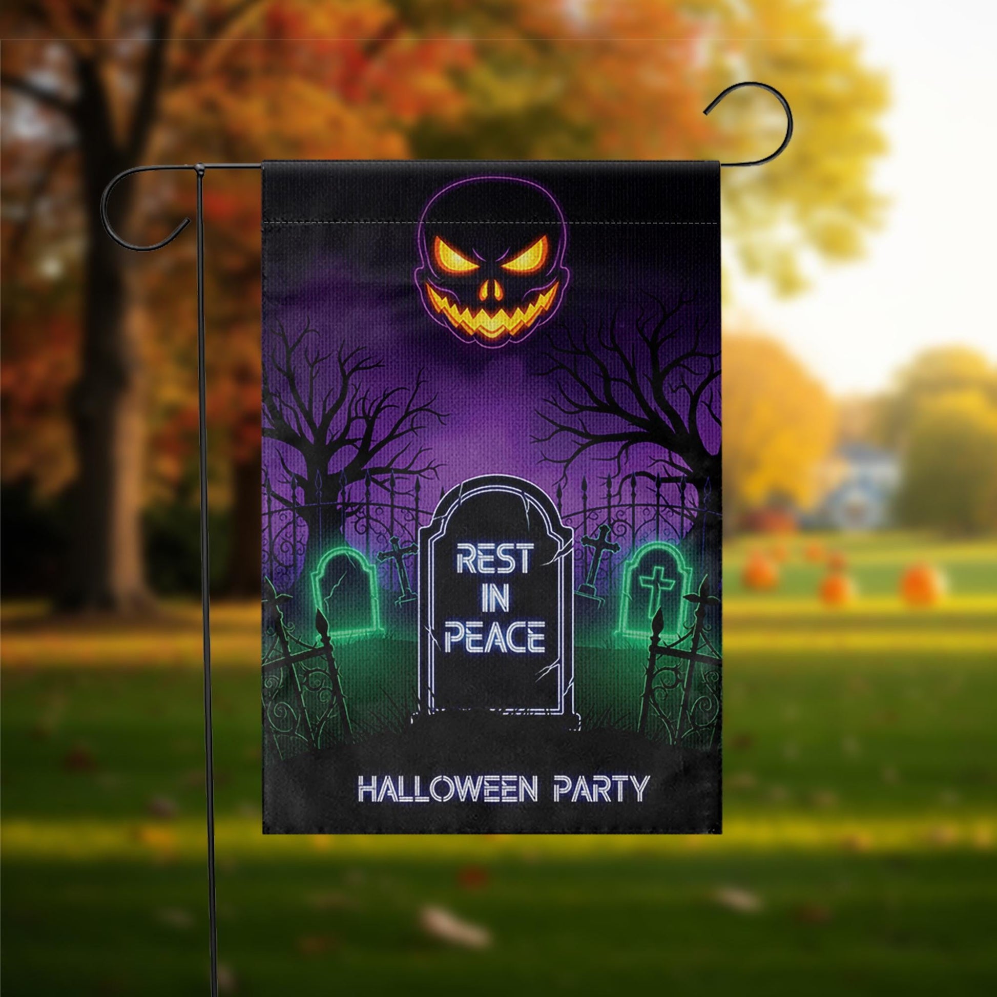 Halloween RIP Garden Flag – Spooky Yard Decor with Tombstone & Jack-o'-Lantern – Scary Graveyard Outdoor Sign for Halloween Party