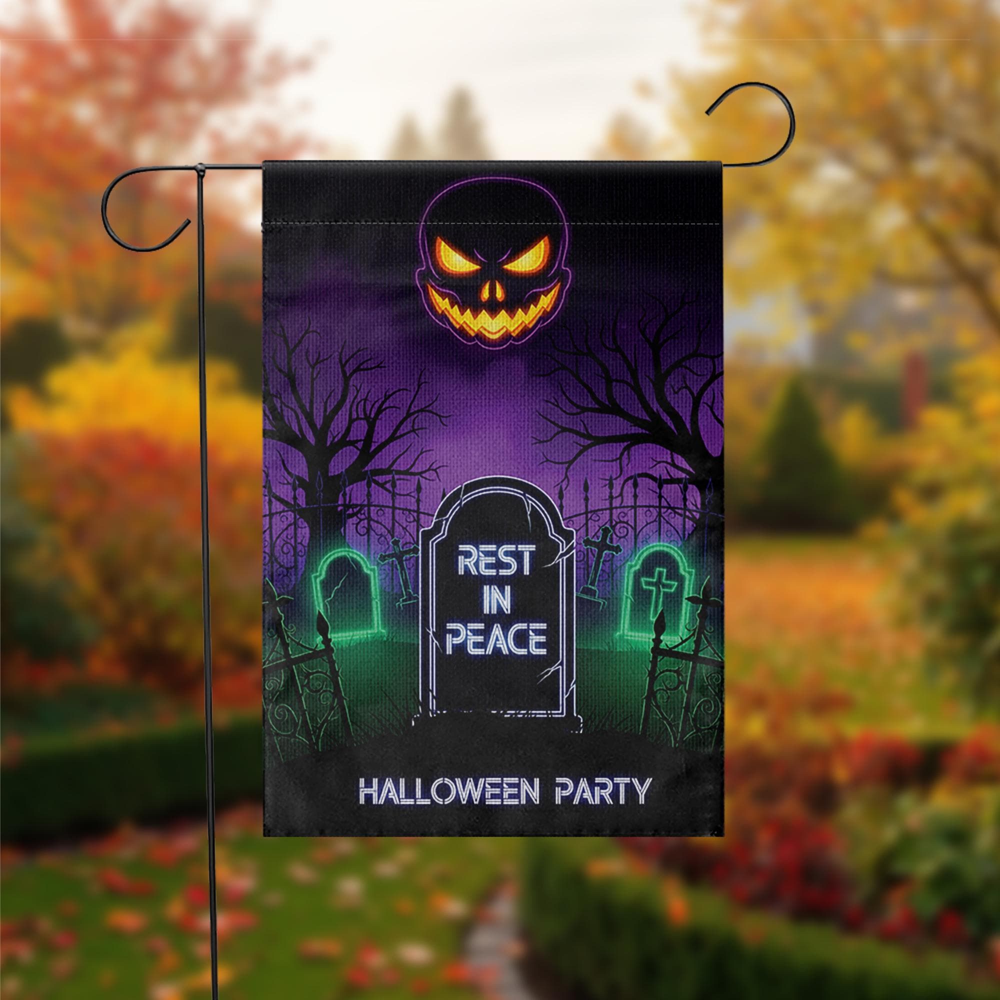 Halloween RIP Garden Flag – Spooky Yard Decor with Tombstone & Jack-o'-Lantern – Scary Graveyard Outdoor Sign for Halloween Party
