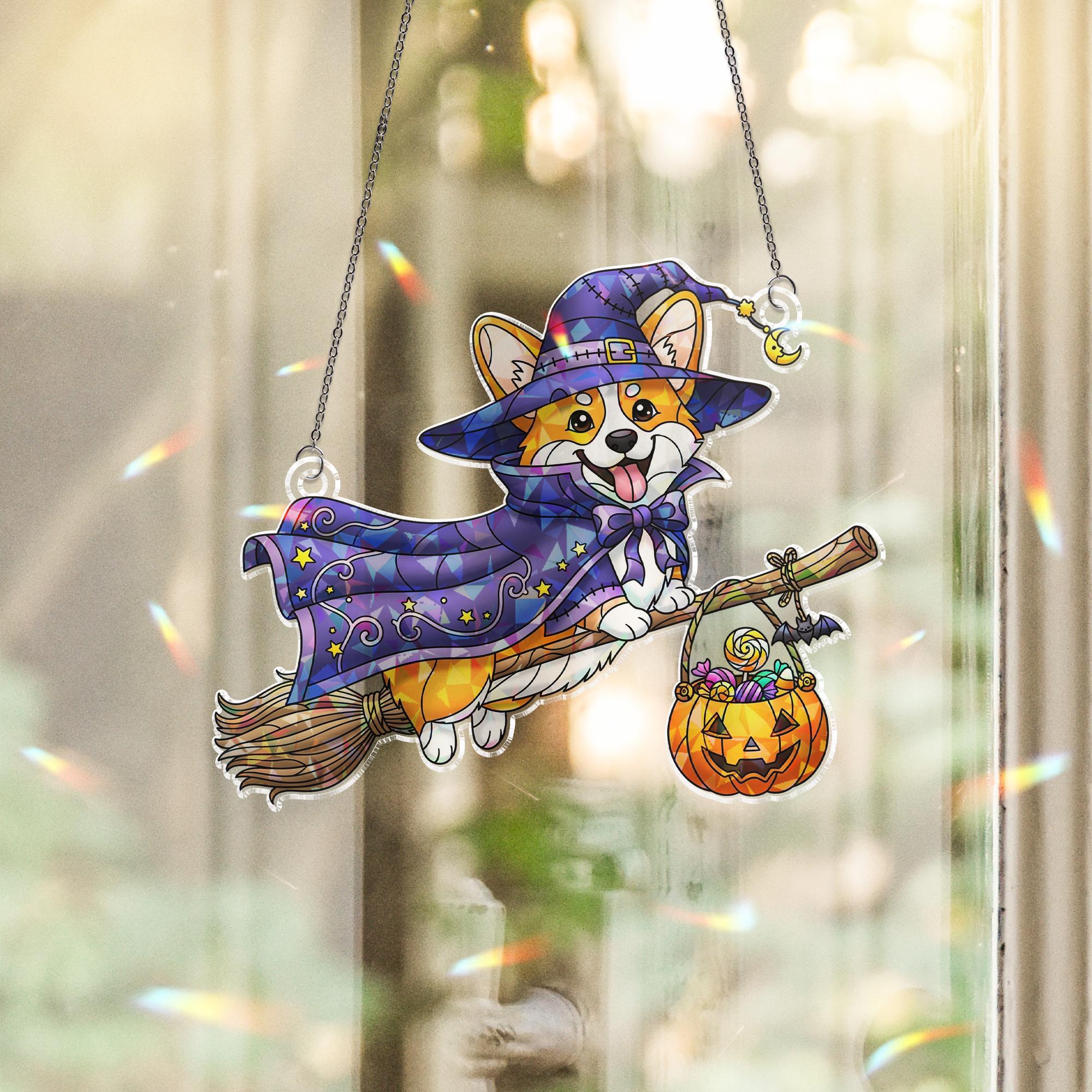 Halloween Corgi Witch Suncatcher – Flying Dog on Broom Window Decor – Cute Fall Pet Gift for Dog Lovers & Halloween Home Decor