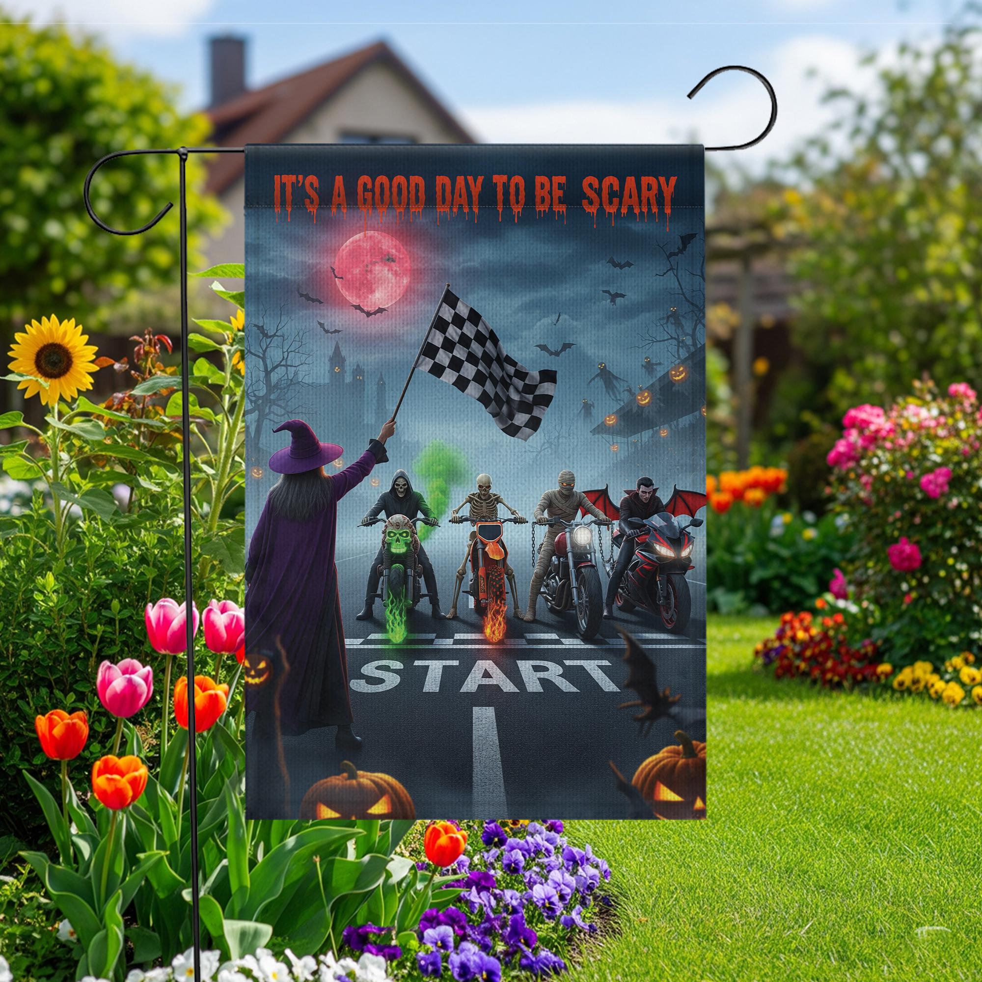 Halloween Biker Garden Flag – Scary Monster Motorcycle Start Line Banner – Spooky Yard Decor with Witch & Bat Scene