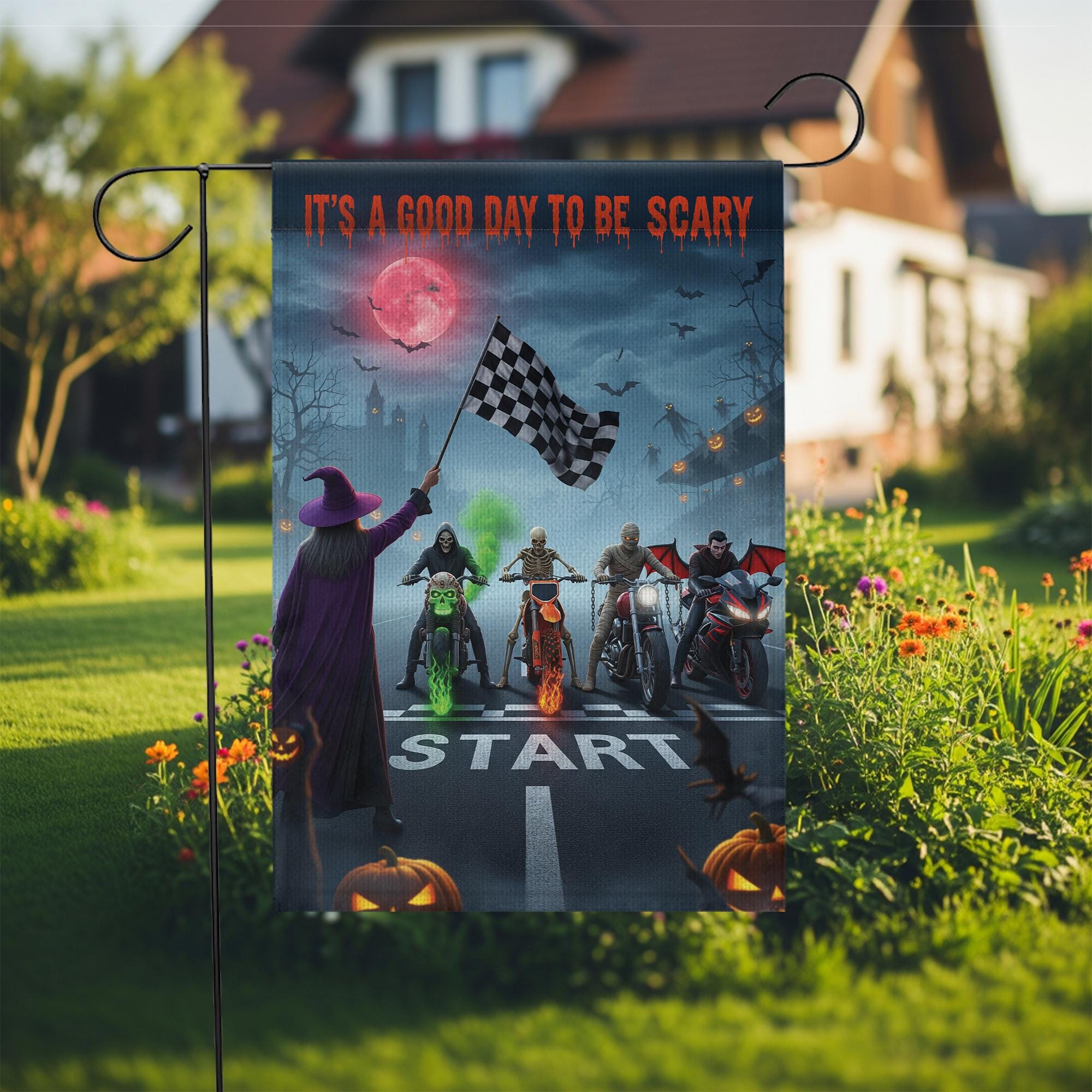 Halloween Biker Garden Flag – Scary Monster Motorcycle Start Line Banner – Spooky Yard Decor with Witch & Bat Scene