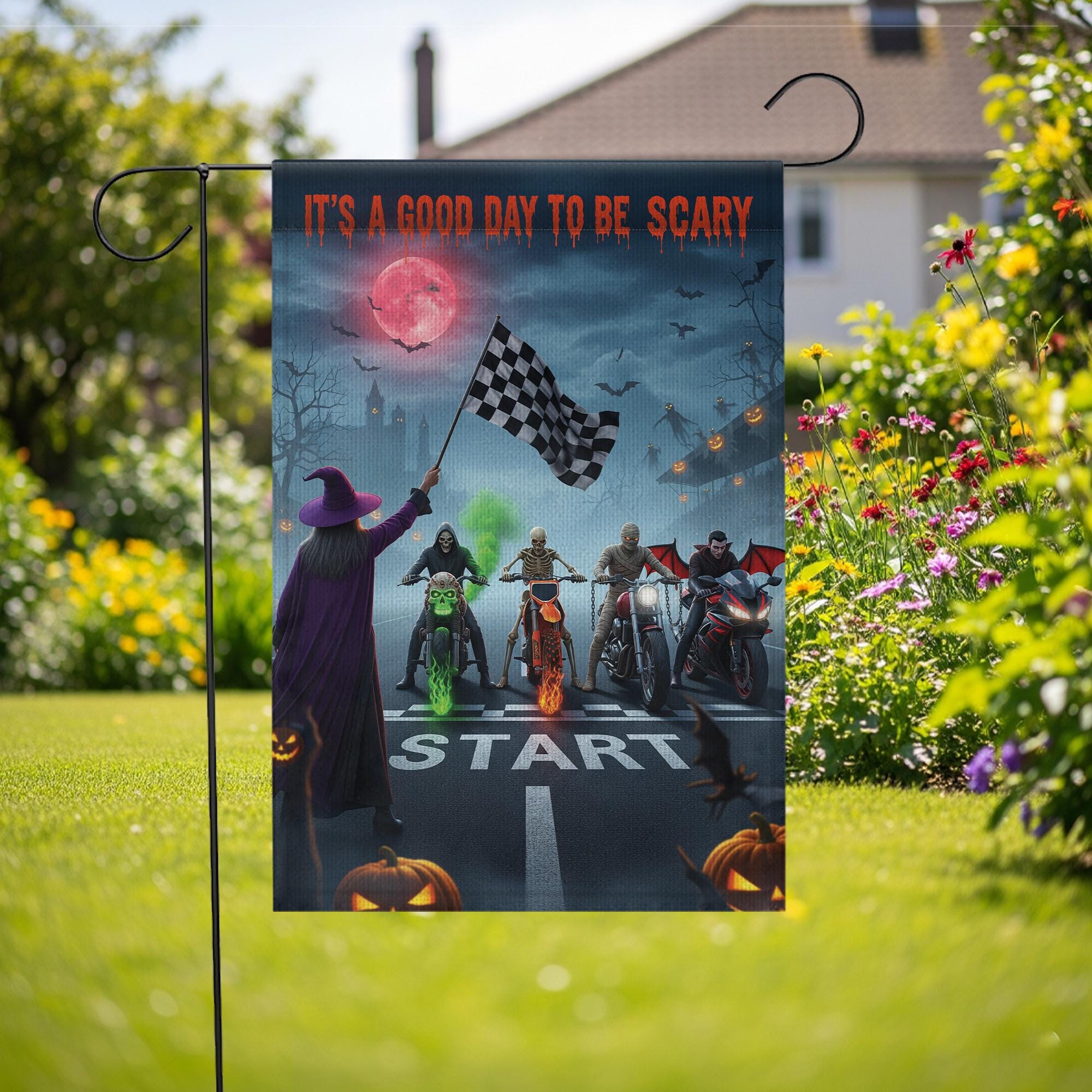 Halloween Biker Garden Flag – Scary Monster Motorcycle Start Line Banner – Spooky Yard Decor with Witch & Bat Scene