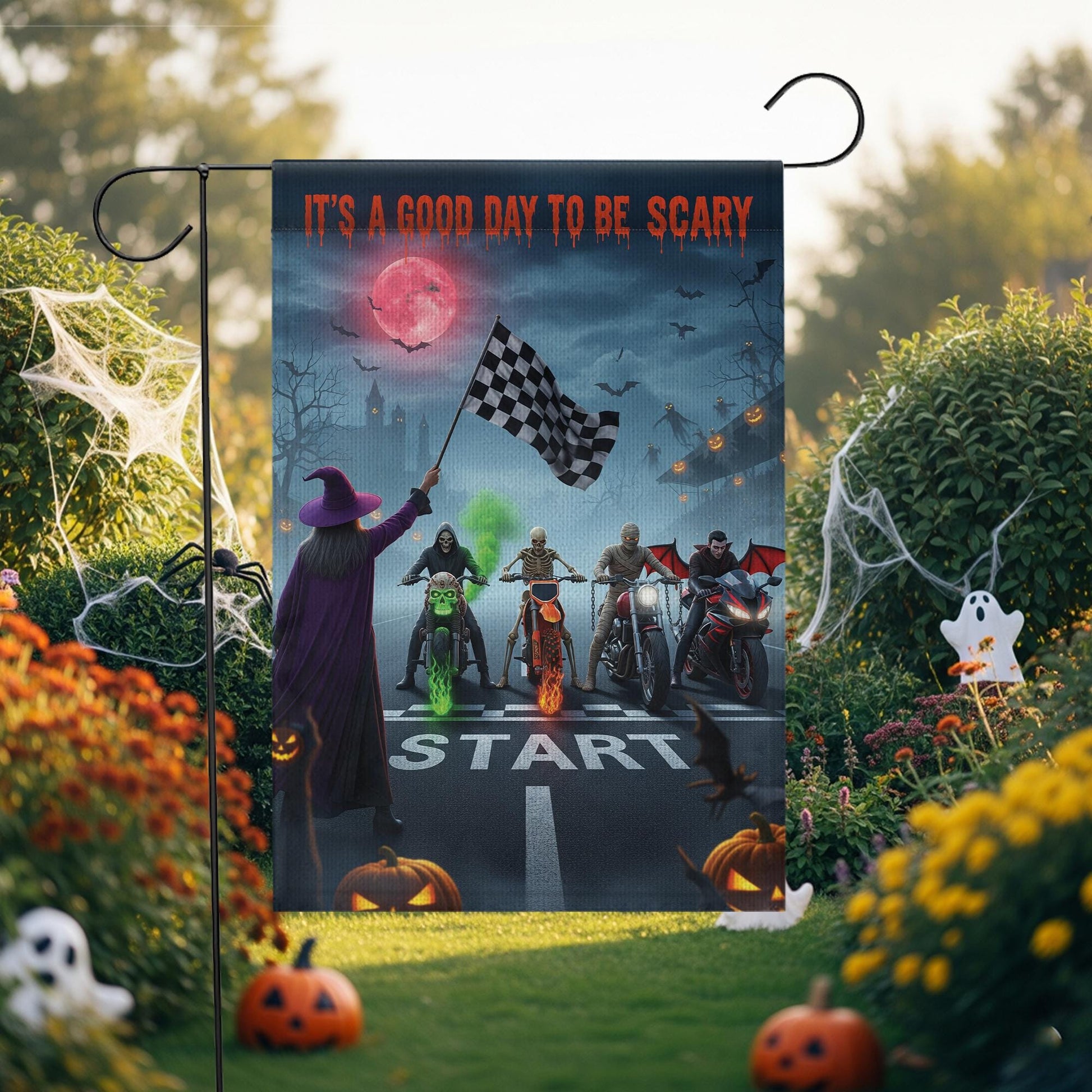 Halloween Biker Garden Flag – Scary Monster Motorcycle Start Line Banner – Spooky Yard Decor with Witch & Bat Scene