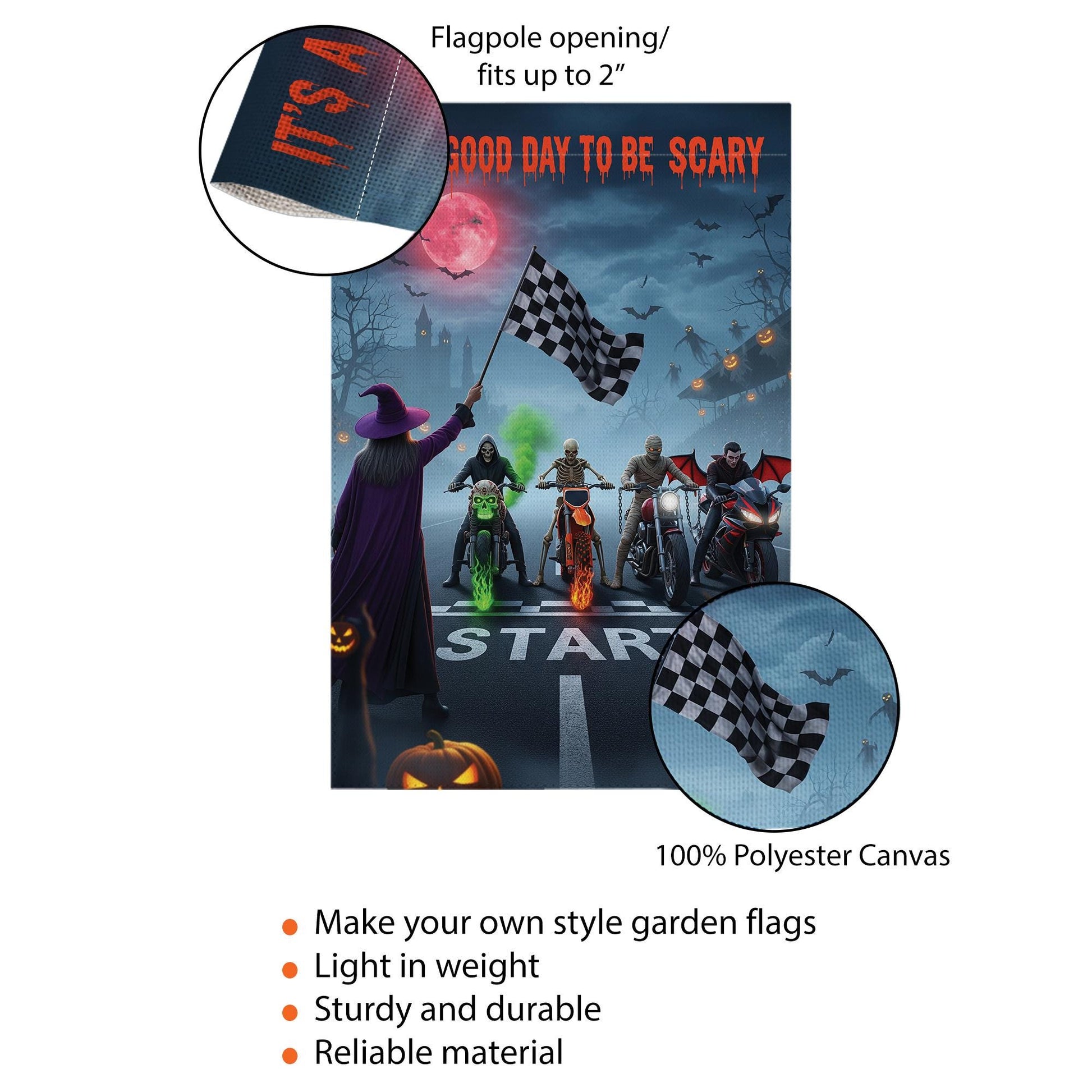 Halloween Biker Garden Flag – Scary Monster Motorcycle Start Line Banner – Spooky Yard Decor with Witch & Bat Scene