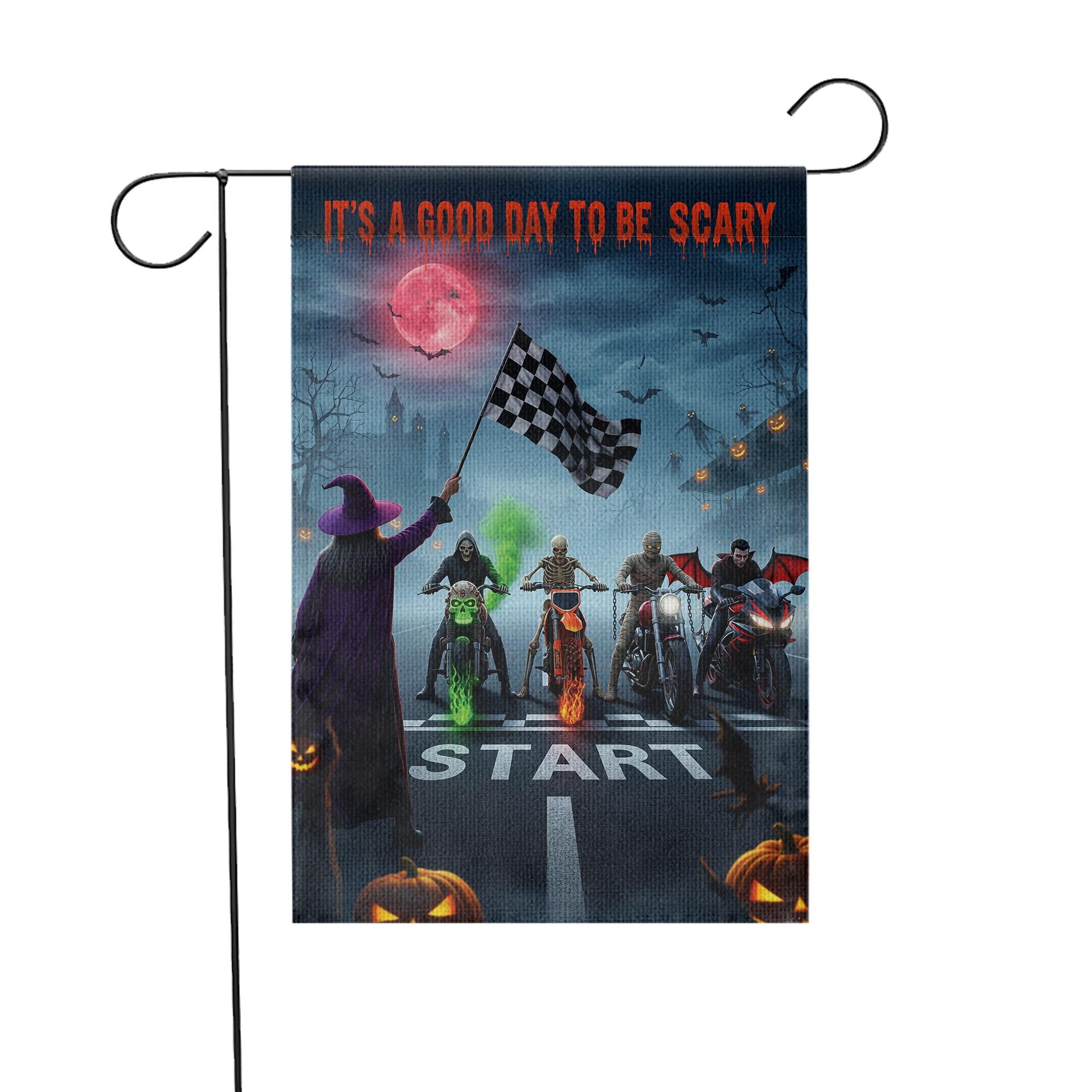 Halloween Biker Garden Flag – Scary Monster Motorcycle Start Line Banner – Spooky Yard Decor with Witch & Bat Scene