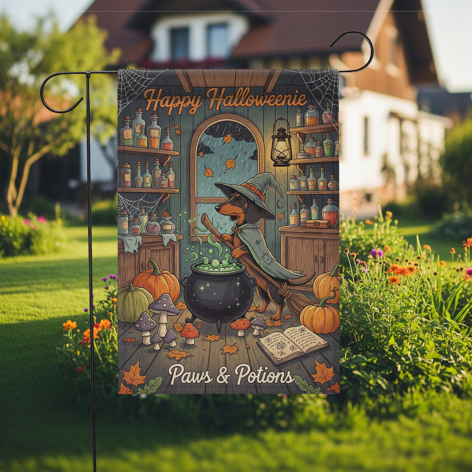 Happy Halloweenie Garden Flag – Witch Dachshund Halloween Decor – Cute Dog Paws & Potions Fall Yard Banner for Halloween Porch