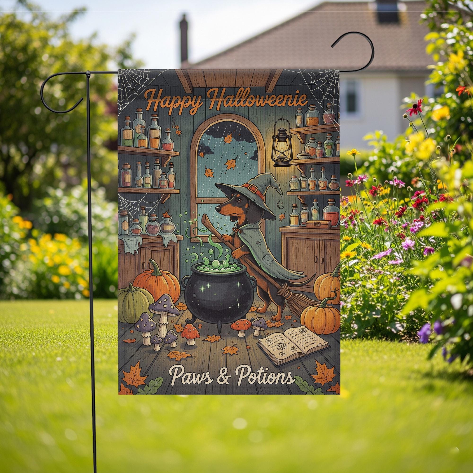 Happy Halloweenie Garden Flag – Witch Dachshund Halloween Decor – Cute Dog Paws & Potions Fall Yard Banner for Halloween Porch