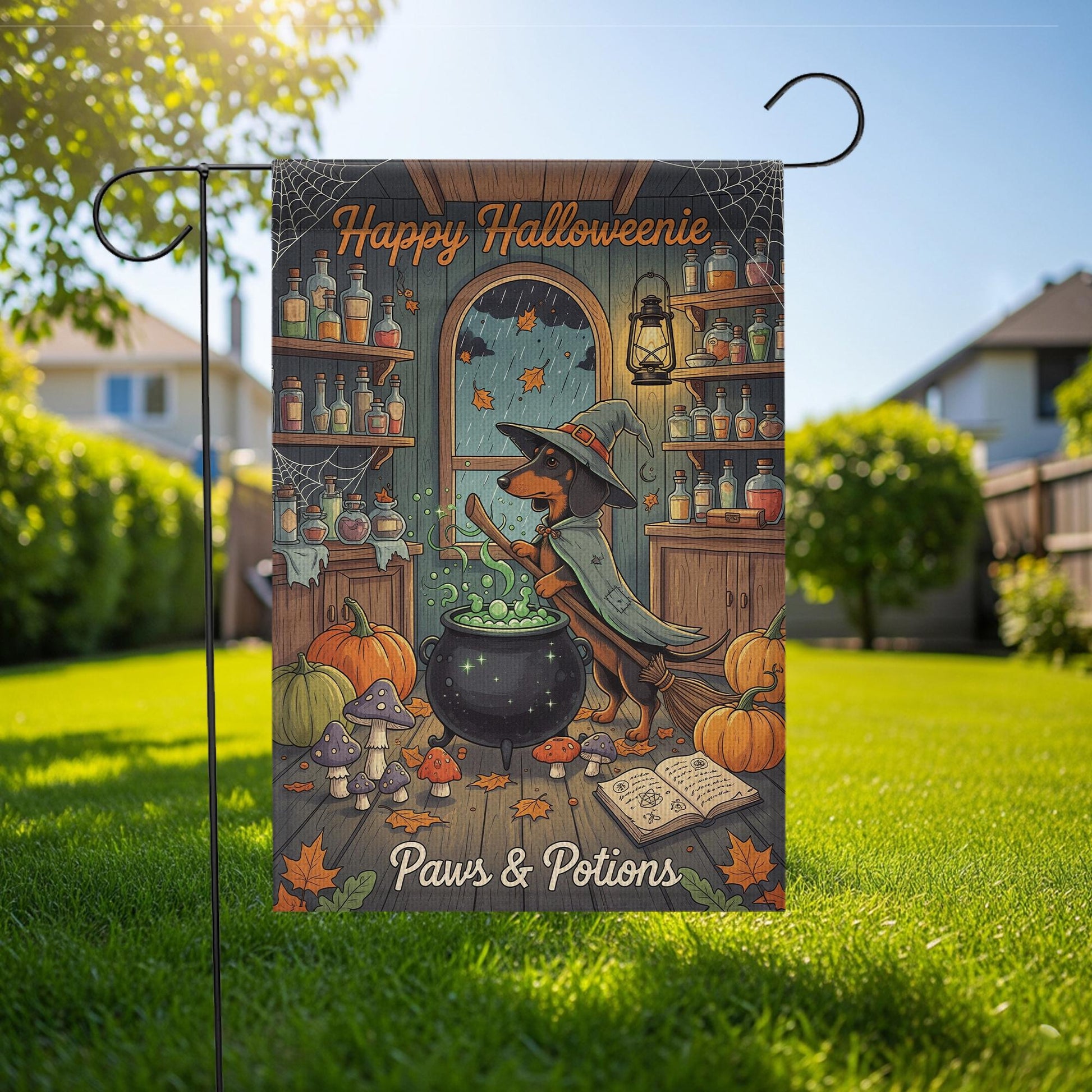 Happy Halloweenie Garden Flag – Witch Dachshund Halloween Decor – Cute Dog Paws & Potions Fall Yard Banner for Halloween Porch