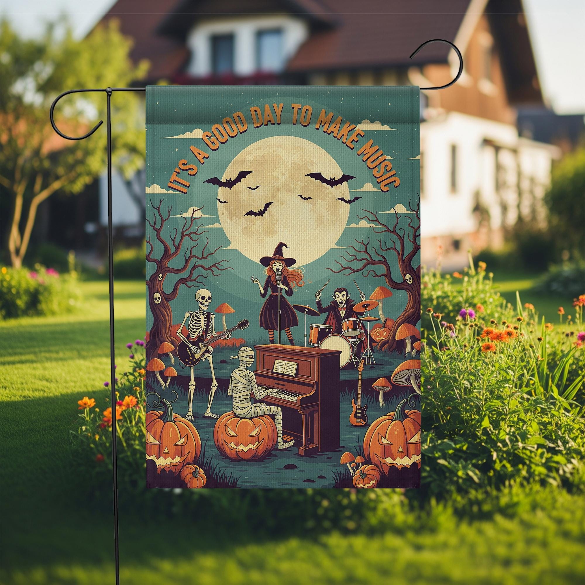 Halloween Music Garden Flag – Spooky Band with Skeletons, Witch, and Mummy – Musical Pumpkin Yard Decor for Fall Porch Display