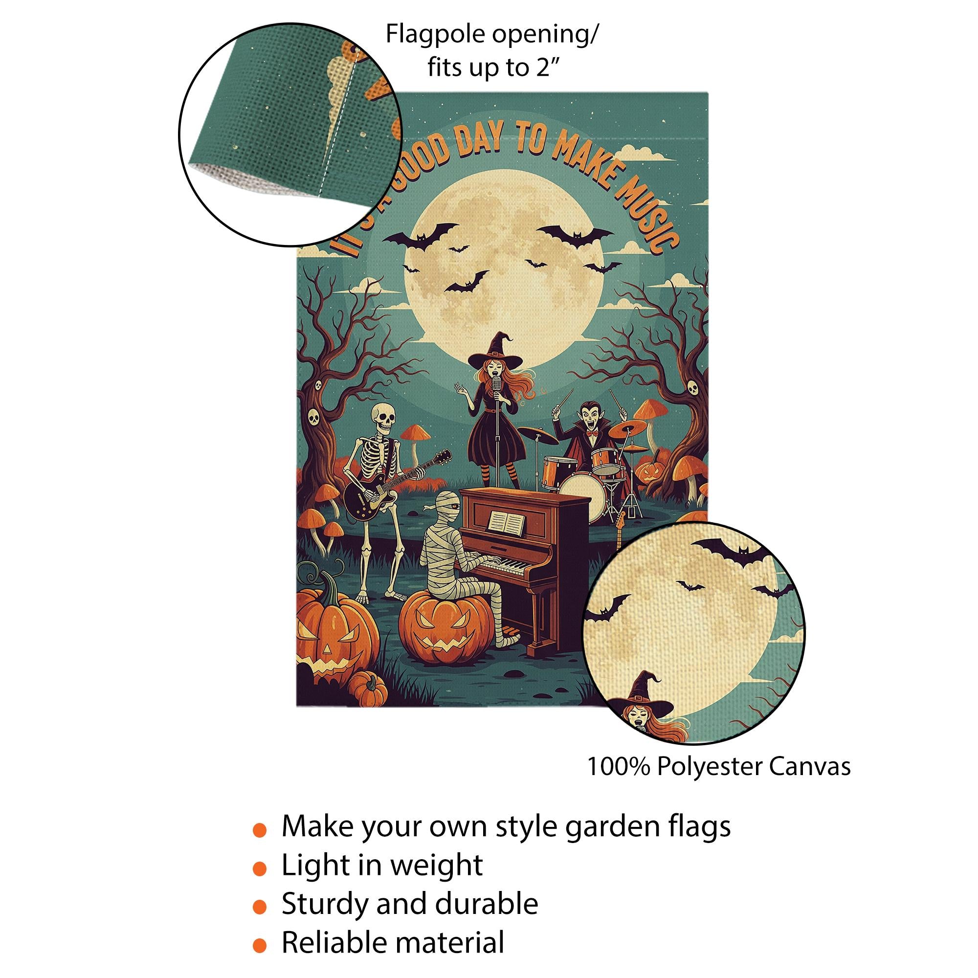 Halloween Music Garden Flag – Spooky Band with Skeletons, Witch, and Mummy – Musical Pumpkin Yard Decor for Fall Porch Display