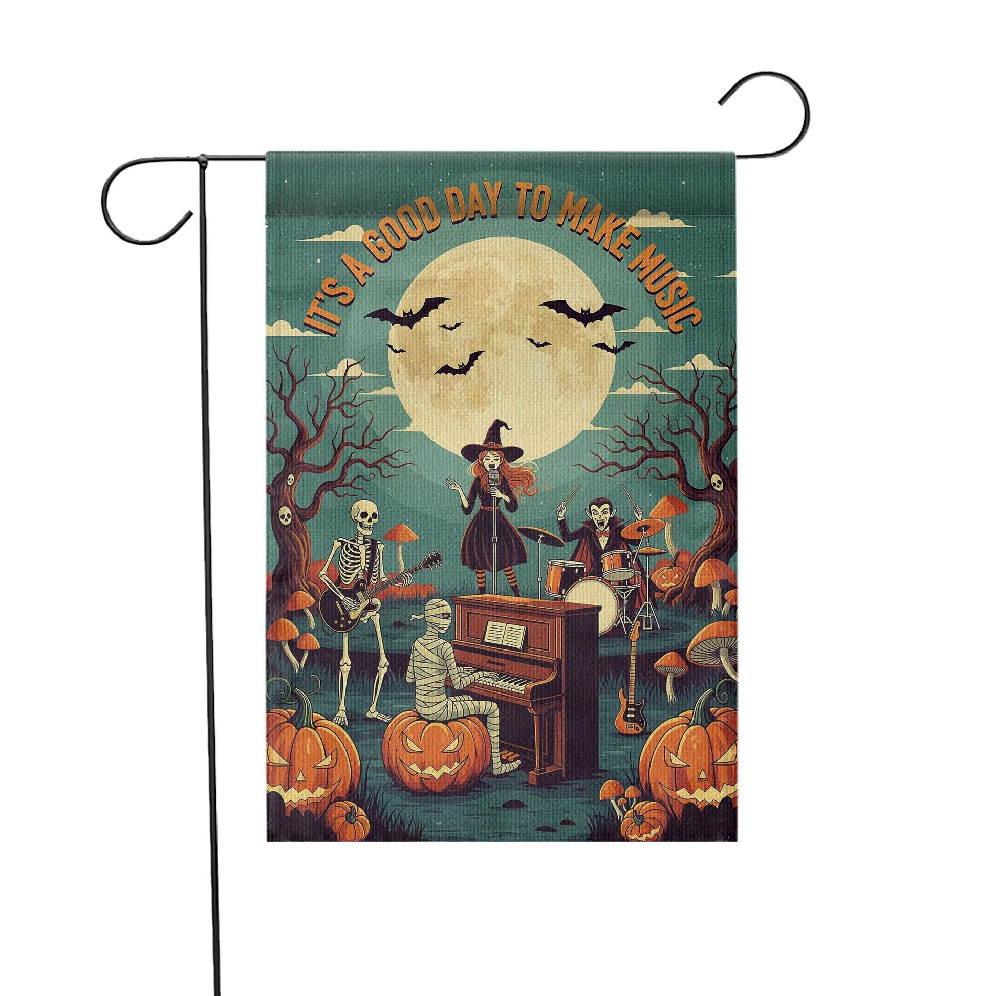 Halloween Music Garden Flag – Spooky Band with Skeletons, Witch, and Mummy – Musical Pumpkin Yard Decor for Fall Porch Display