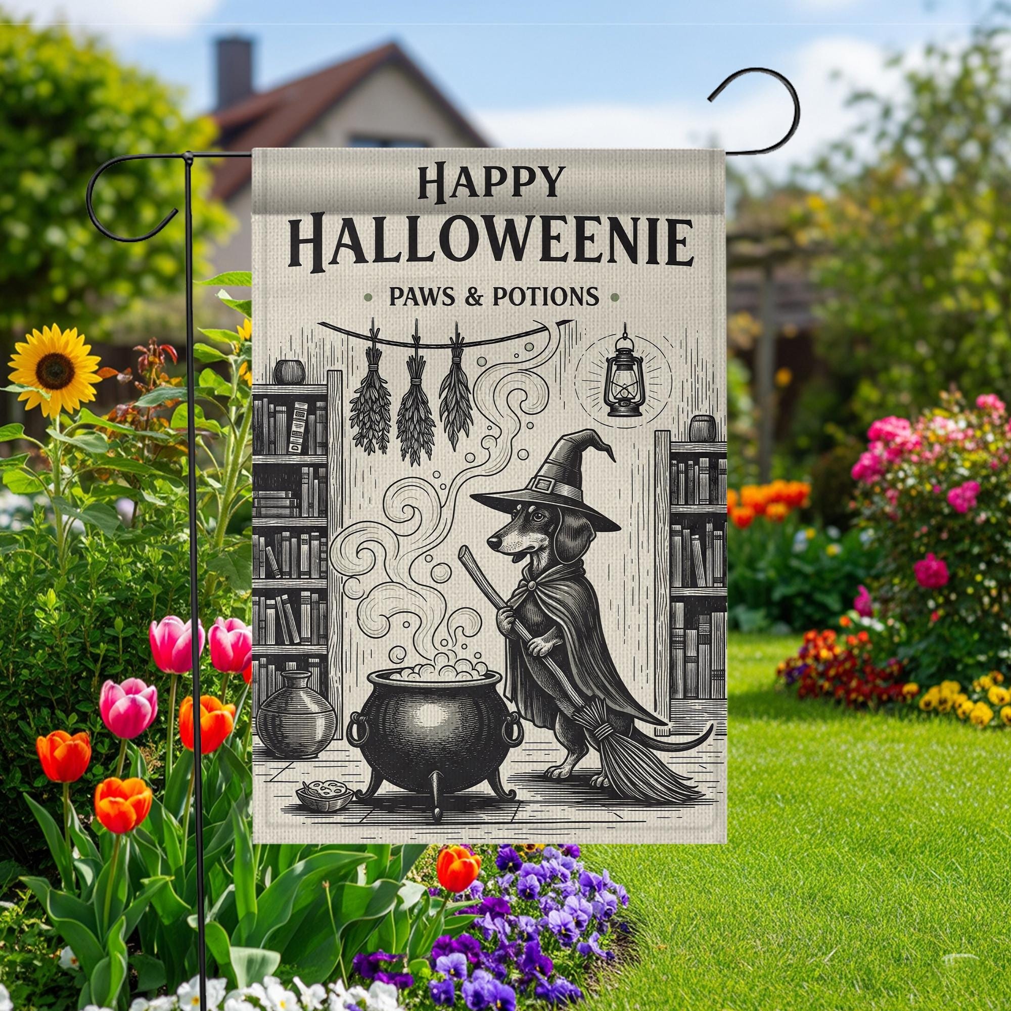 Happy Halloweenie Garden Flag – Vintage Witch Dachshund Fall Decor – Paws & Potions Halloween Yard Banner for Dog Lovers
