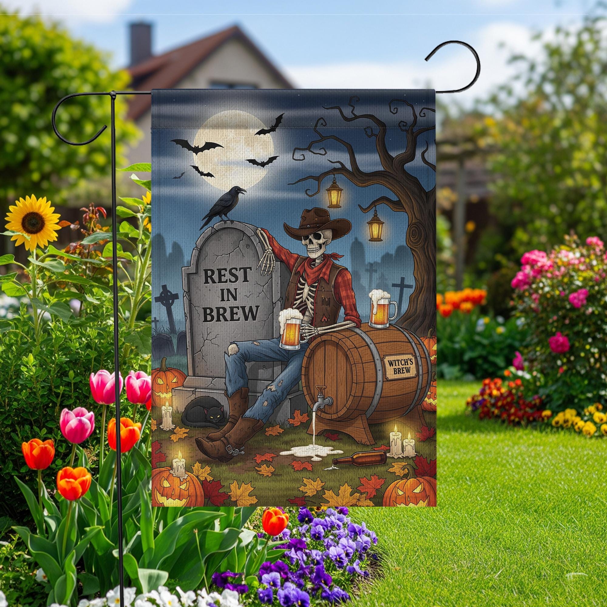 Rest In Brew Halloween Garden Flag – Skeleton Cowboy Beer Decor – Funny Fall Yard Sign with Witch’s Brew & Tombstone Scene