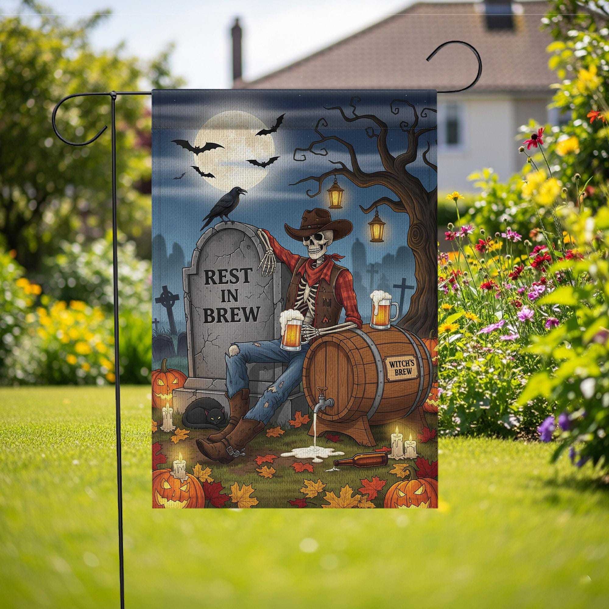 Rest In Brew Halloween Garden Flag – Skeleton Cowboy Beer Decor – Funny Fall Yard Sign with Witch’s Brew & Tombstone Scene