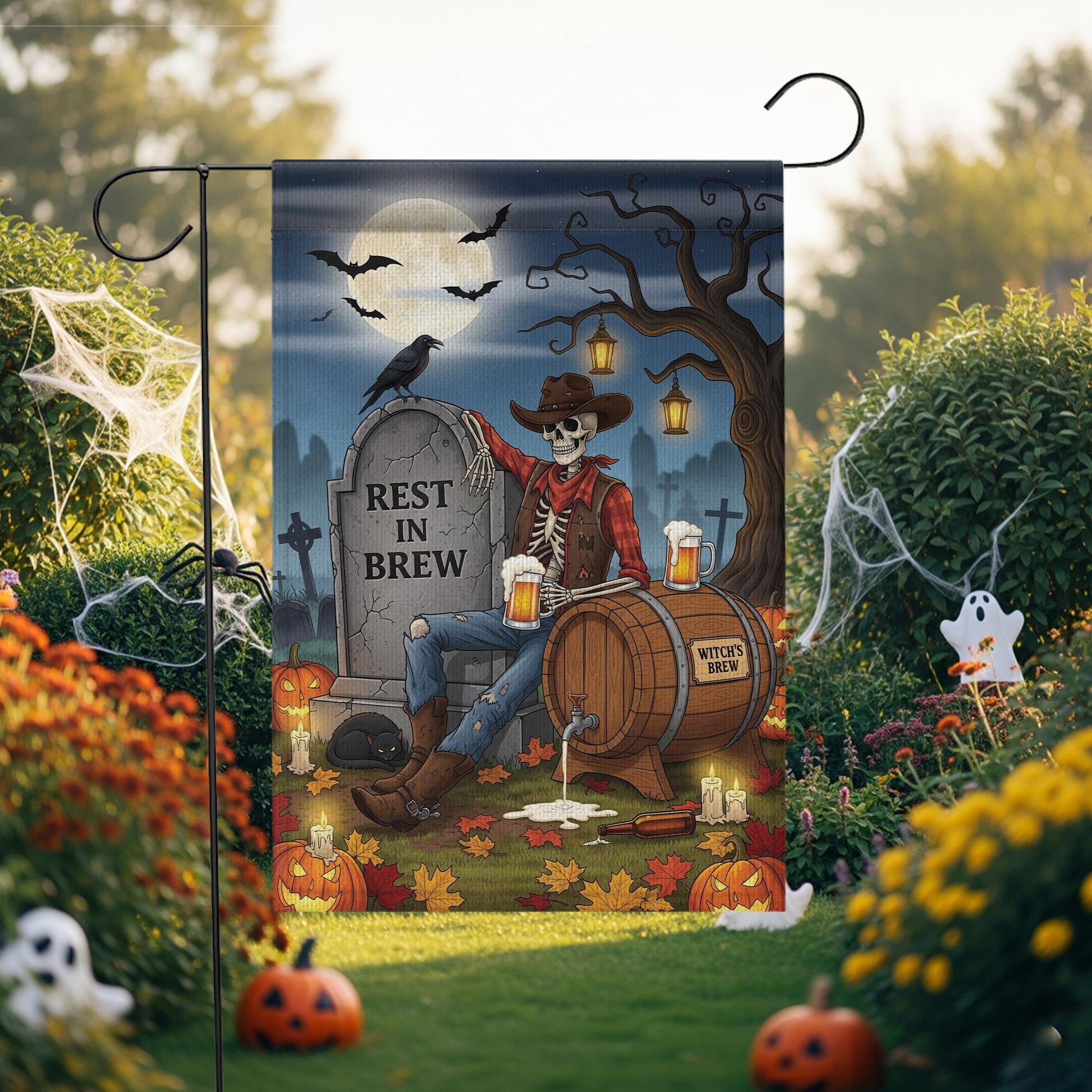 Rest In Brew Halloween Garden Flag – Skeleton Cowboy Beer Decor – Funny Fall Yard Sign with Witch’s Brew & Tombstone Scene