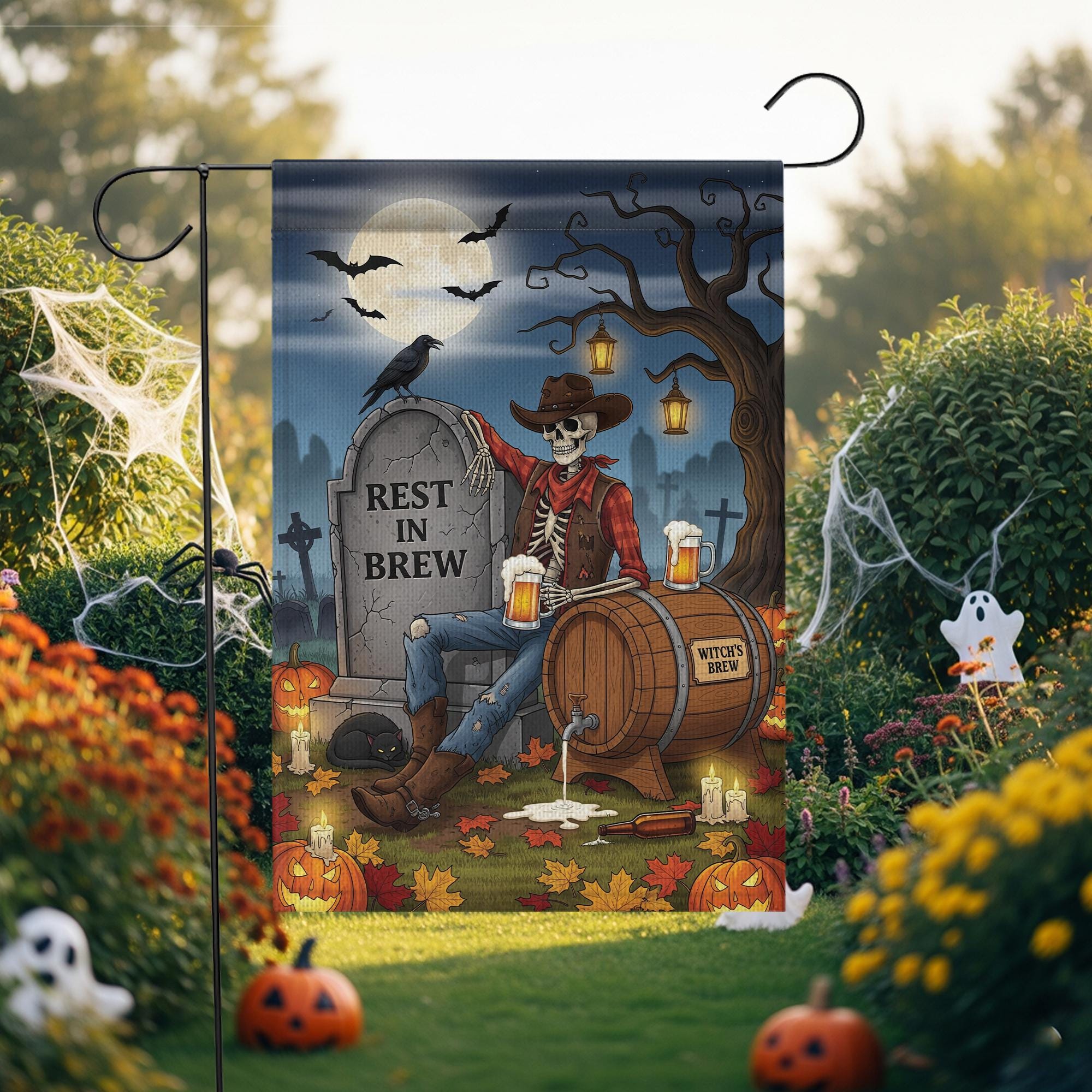 Rest In Brew Halloween Garden Flag – Skeleton Cowboy Beer Decor – Funny Fall Yard Sign with Witch’s Brew & Tombstone Scene