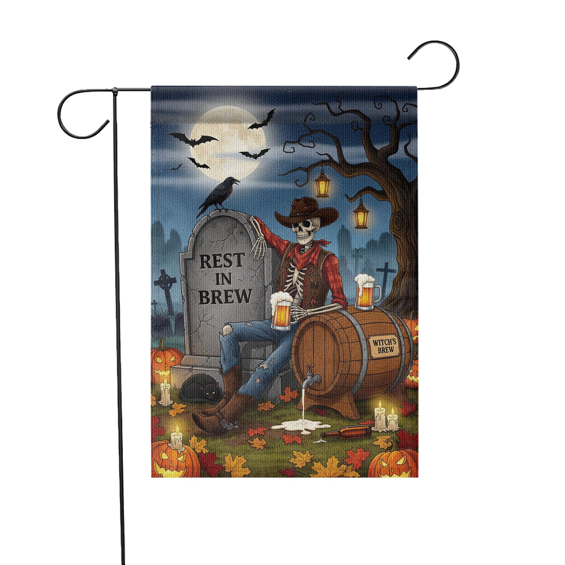 Rest In Brew Halloween Garden Flag – Skeleton Cowboy Beer Decor – Funny Fall Yard Sign with Witch’s Brew & Tombstone Scene