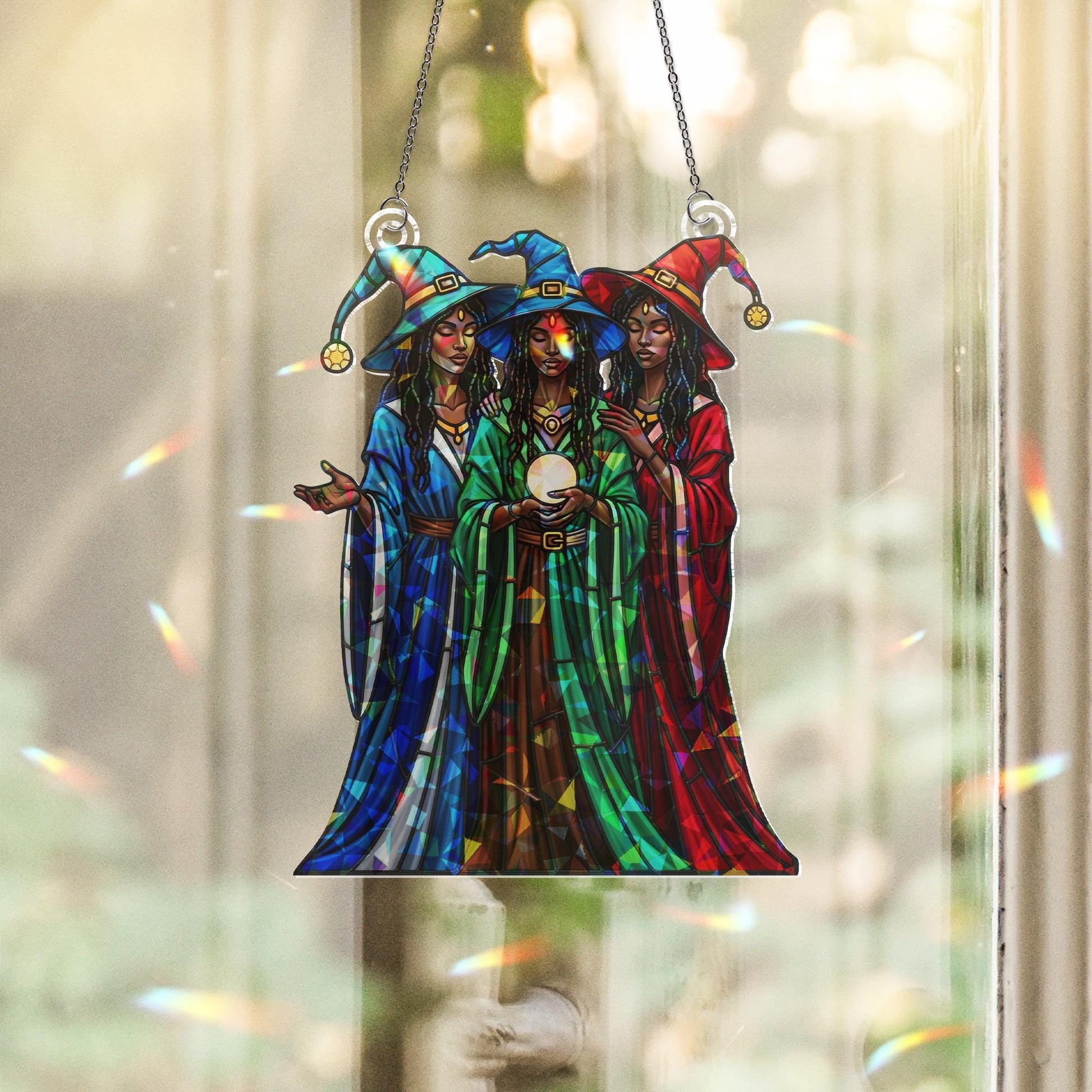 Triple Witch Sisters Suncatcher – Holographic Acrylic Crystal Ball Window Decor for Witchy, Spiritual & Gothic Home Style