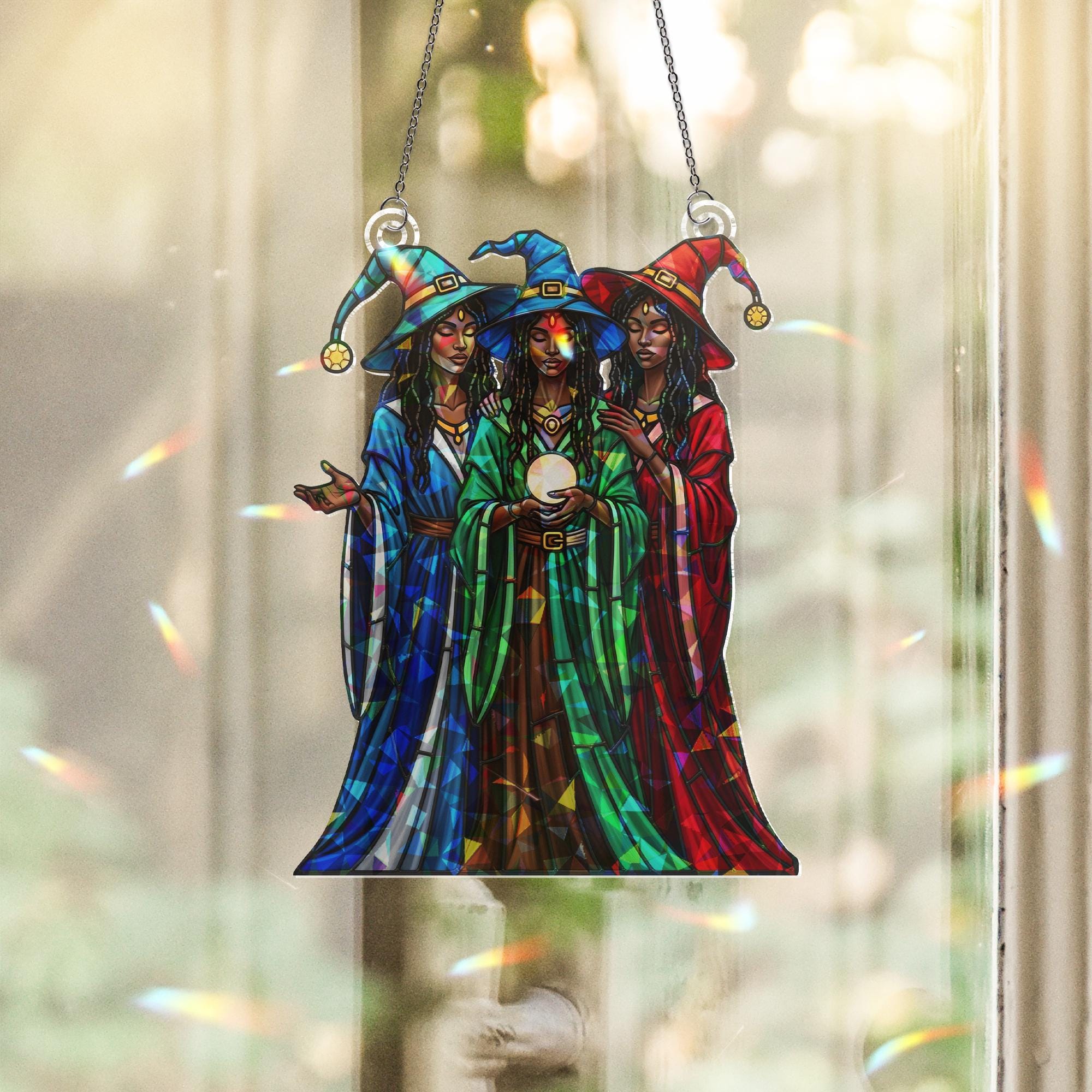 Triple Witch Sisters Suncatcher – Holographic Acrylic Crystal Ball Window Decor for Witchy, Spiritual & Gothic Home Style