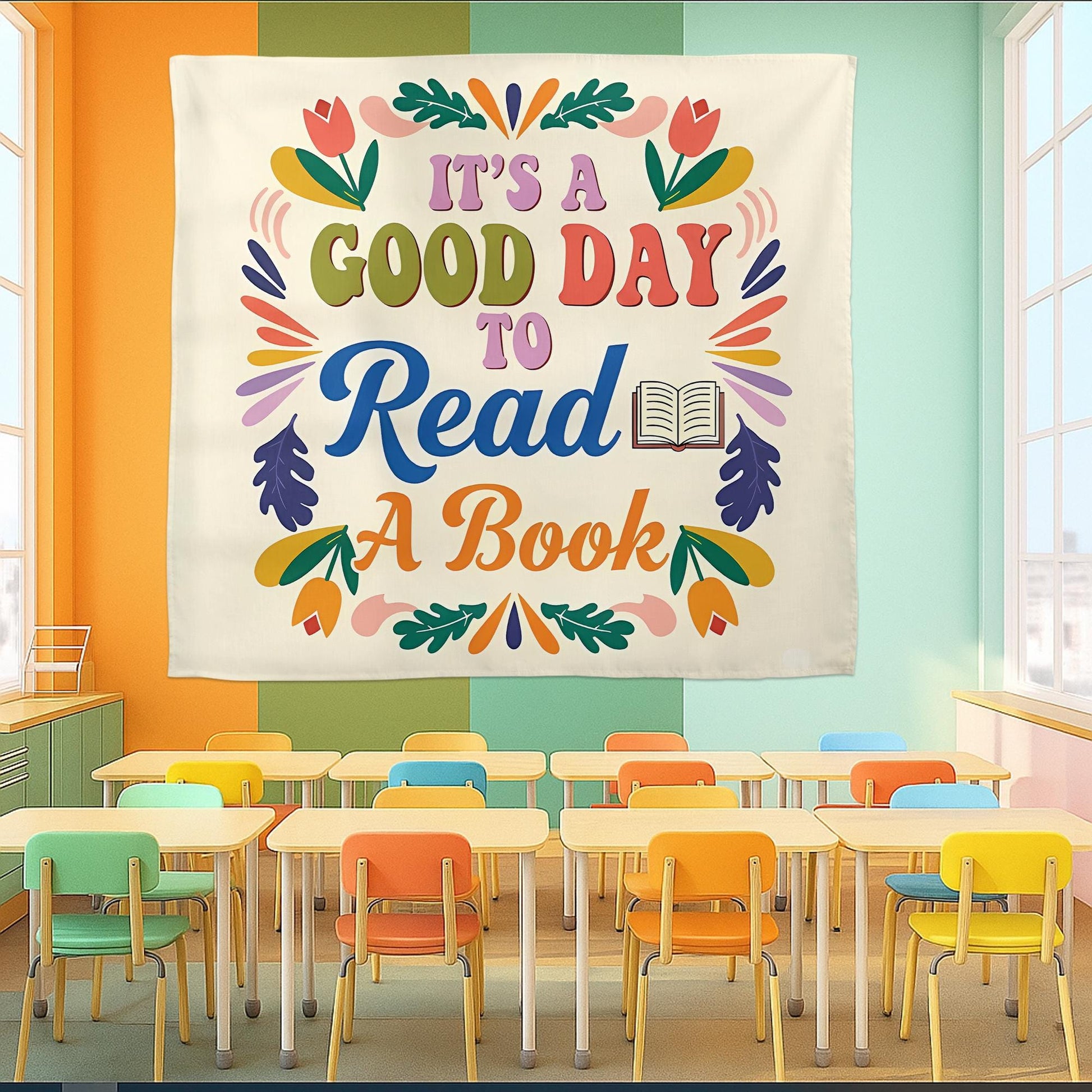 Book Lover Wall Tapestry, It's a Good Day to Read Banner, Colorful Reading Decor, Cozy Bookish Room Art, Classroom Wall Hanging