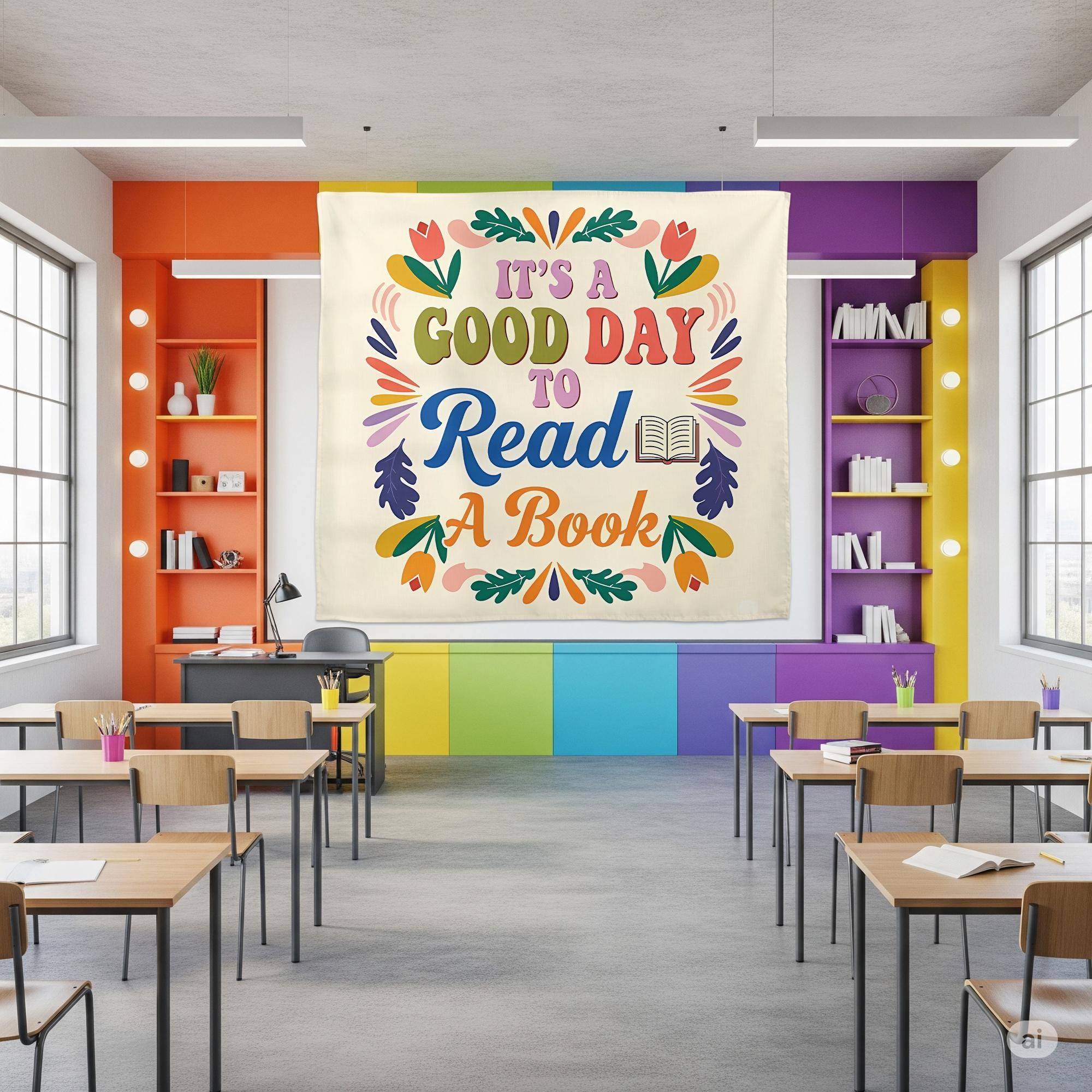 Book Lover Wall Tapestry, It's a Good Day to Read Banner, Colorful Reading Decor, Cozy Bookish Room Art, Classroom Wall Hanging