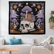 Mushroom Skull Tapestry, Gothic Psychedelic Wall Art, Trippy Celestial Decor, Witchy Boho Room Hanging, Alternative Wall Banner