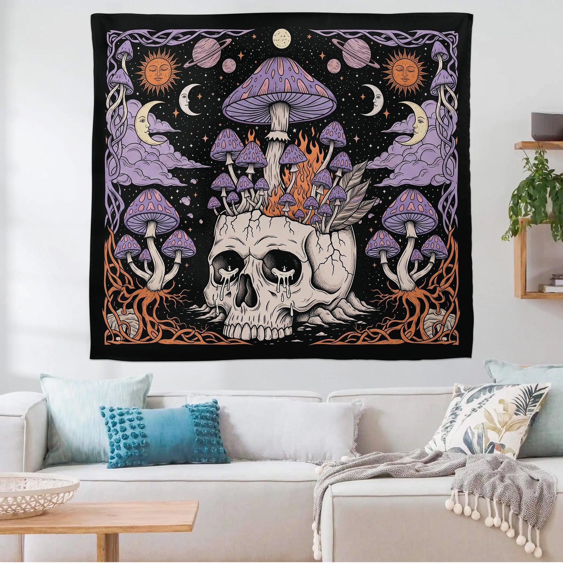 Mushroom Skull Tapestry, Gothic Psychedelic Wall Art, Trippy Celestial Decor, Witchy Boho Room Hanging, Alternative Wall Banner