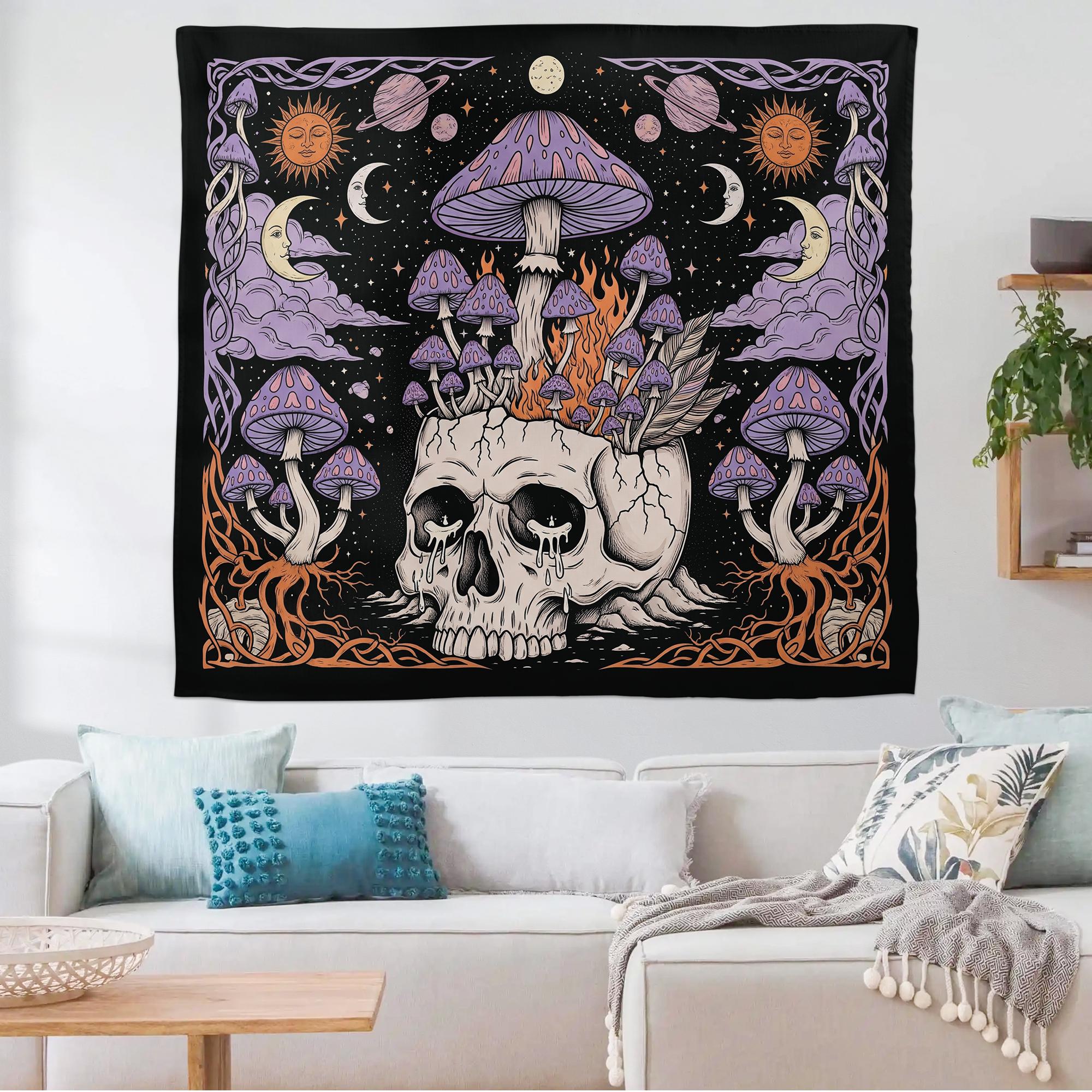 Mushroom Skull Tapestry, Gothic Psychedelic Wall Art, Trippy Celestial Decor, Witchy Boho Room Hanging, Alternative Wall Banner