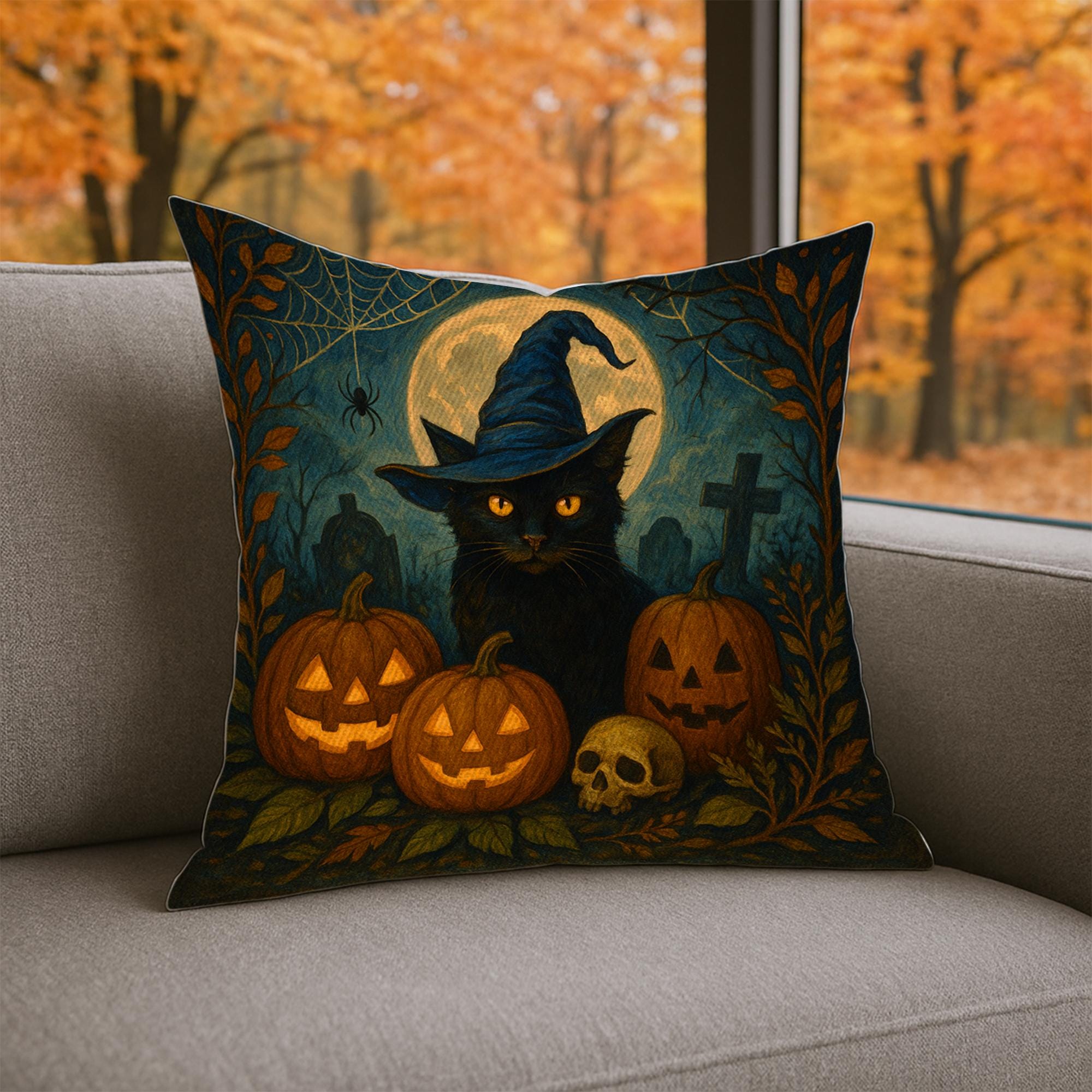 Halloween Black Cat Pillow with Pumpkins and Witch Hat, Spooky Fall Decorative Cushion Cover for Couch or Bed