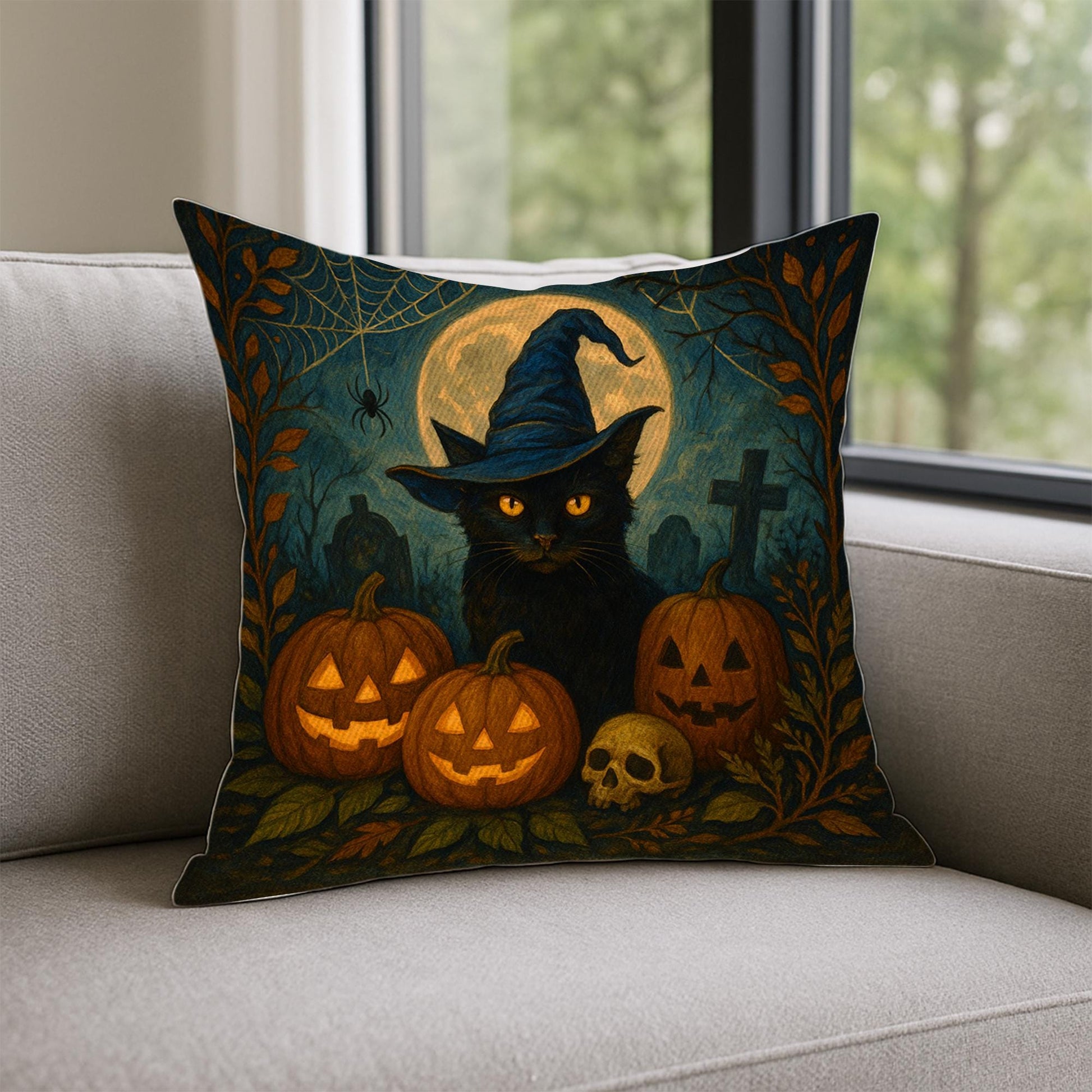 Halloween Black Cat Pillow with Pumpkins and Witch Hat, Spooky Fall Decorative Cushion Cover for Couch or Bed