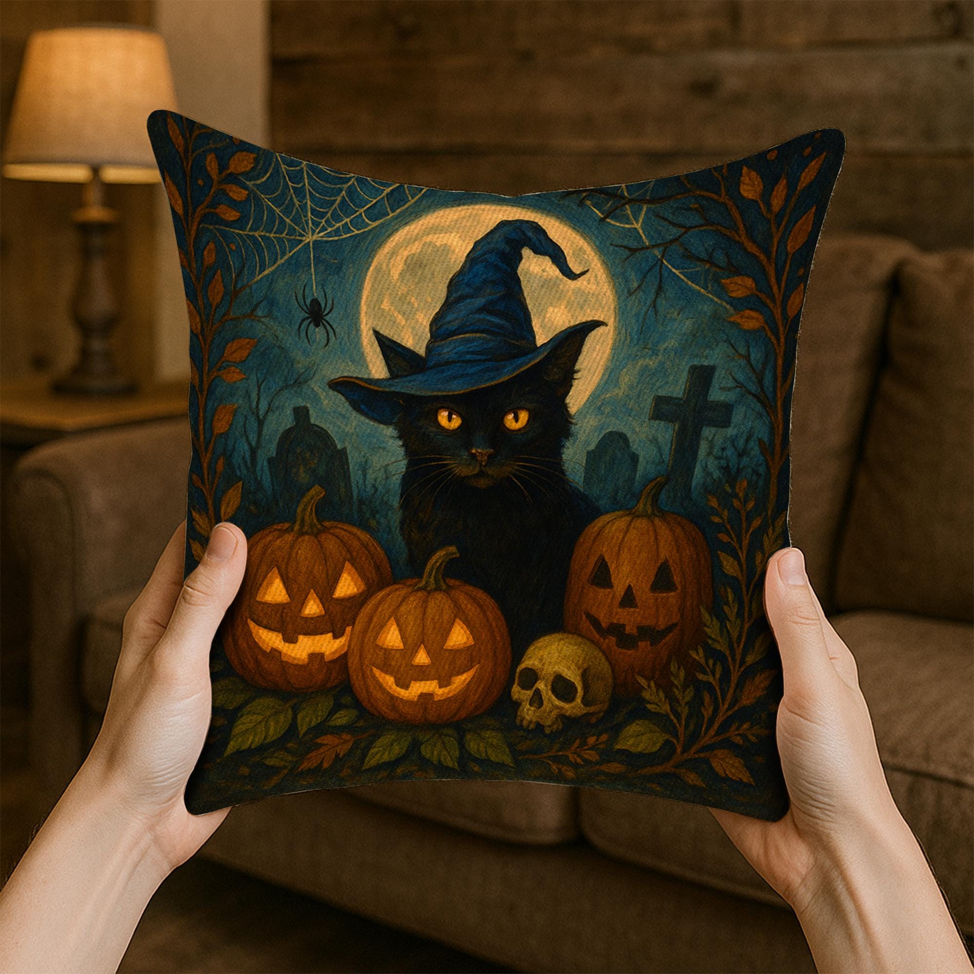 Halloween Black Cat Pillow with Pumpkins and Witch Hat, Spooky Fall Decorative Cushion Cover for Couch or Bed
