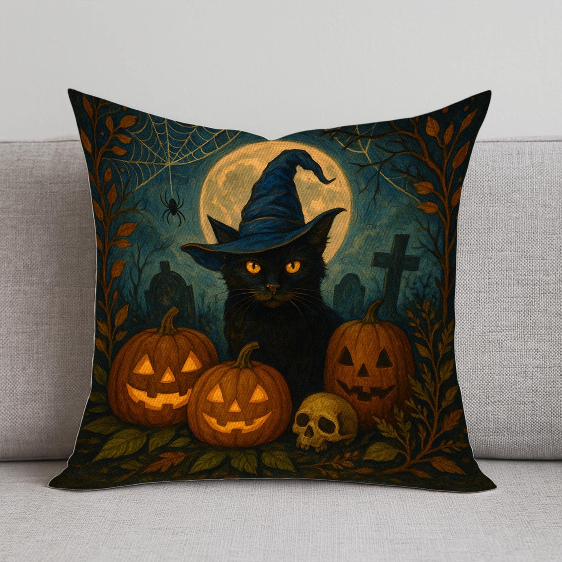 Halloween Black Cat Pillow with Pumpkins and Witch Hat, Spooky Fall Decorative Cushion Cover for Couch or Bed
