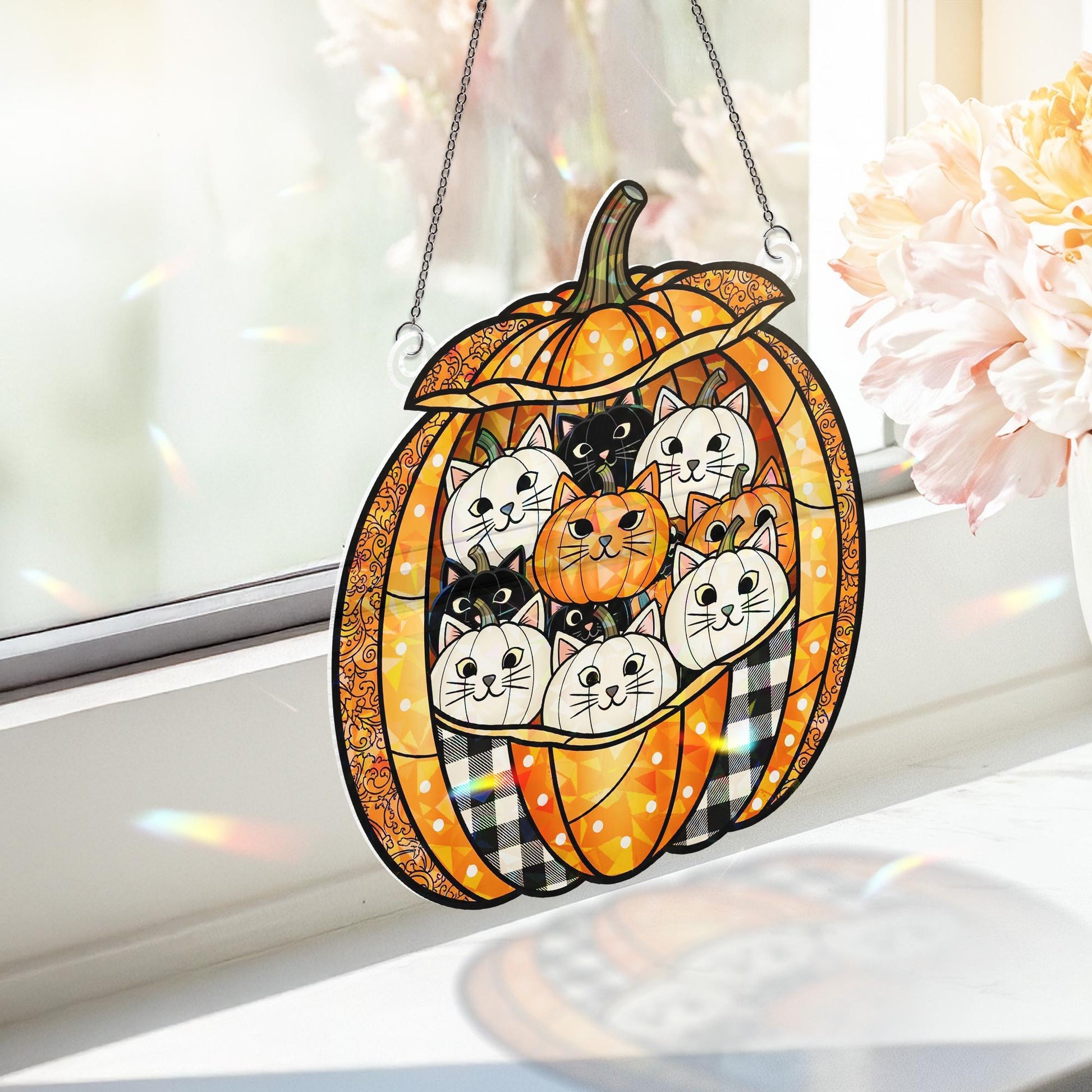 Holographic Pumpkin Cat Window Hanging – Glittering Fall Décor, Sun-Catcher Cats in Jack-O’-Lantern, Autumn Hologram Ornament