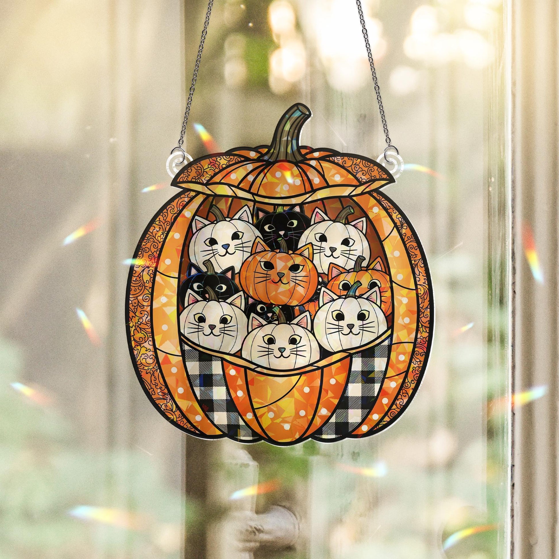Holographic Pumpkin Cat Window Hanging – Glittering Fall Décor, Sun-Catcher Cats in Jack-O’-Lantern, Autumn Hologram Ornament