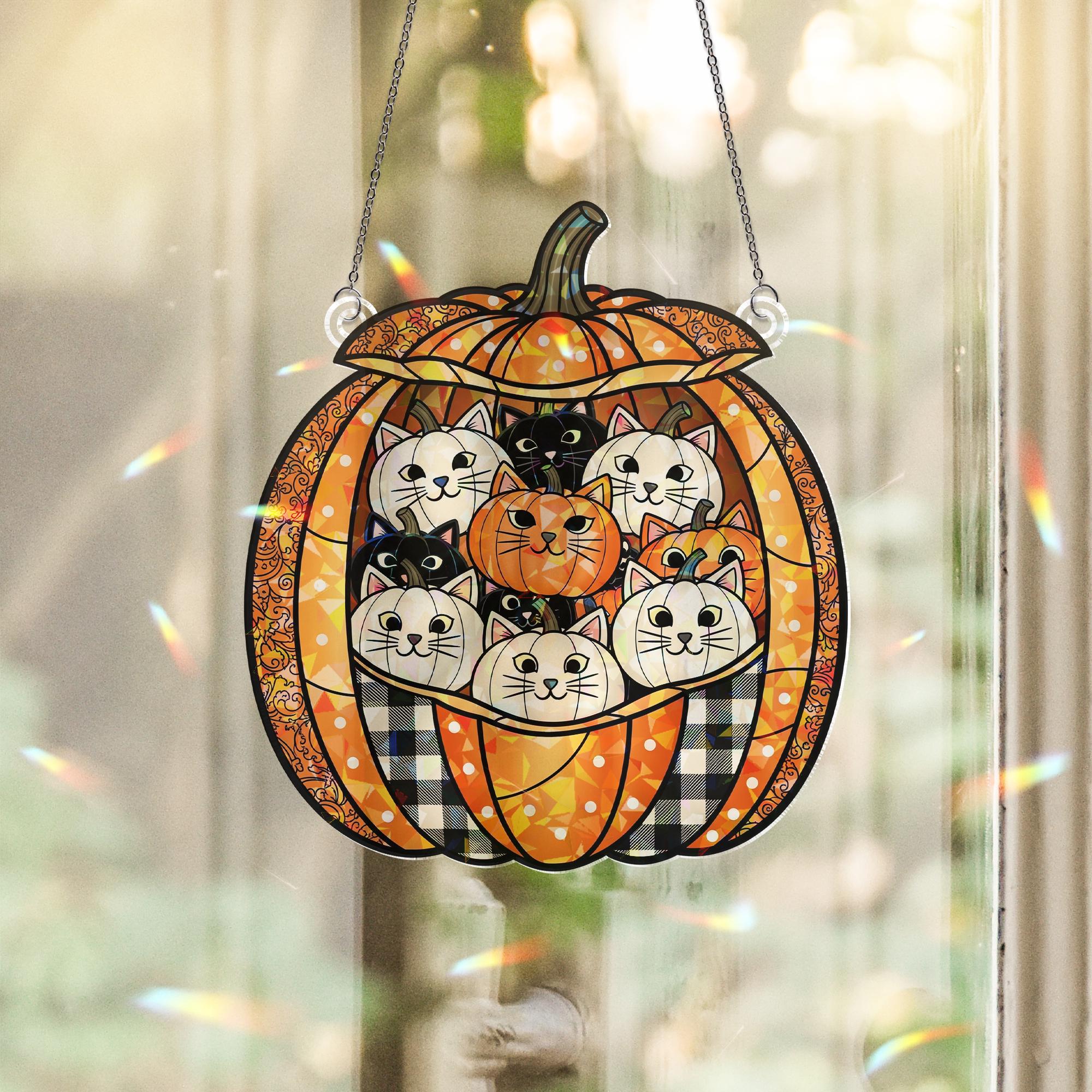 Holographic Pumpkin Cat Window Hanging – Glittering Fall Décor, Sun-Catcher Cats in Jack-O’-Lantern, Autumn Hologram Ornament