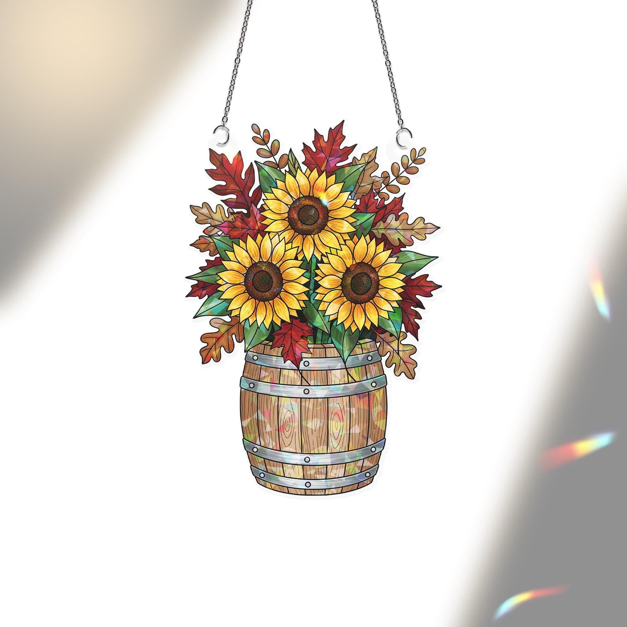 Holographic Sunflower Barrel Window Hanging – Autumn Sun-Catcher Décor, Glittering Fall Floral Ornament for Cozy Windows
