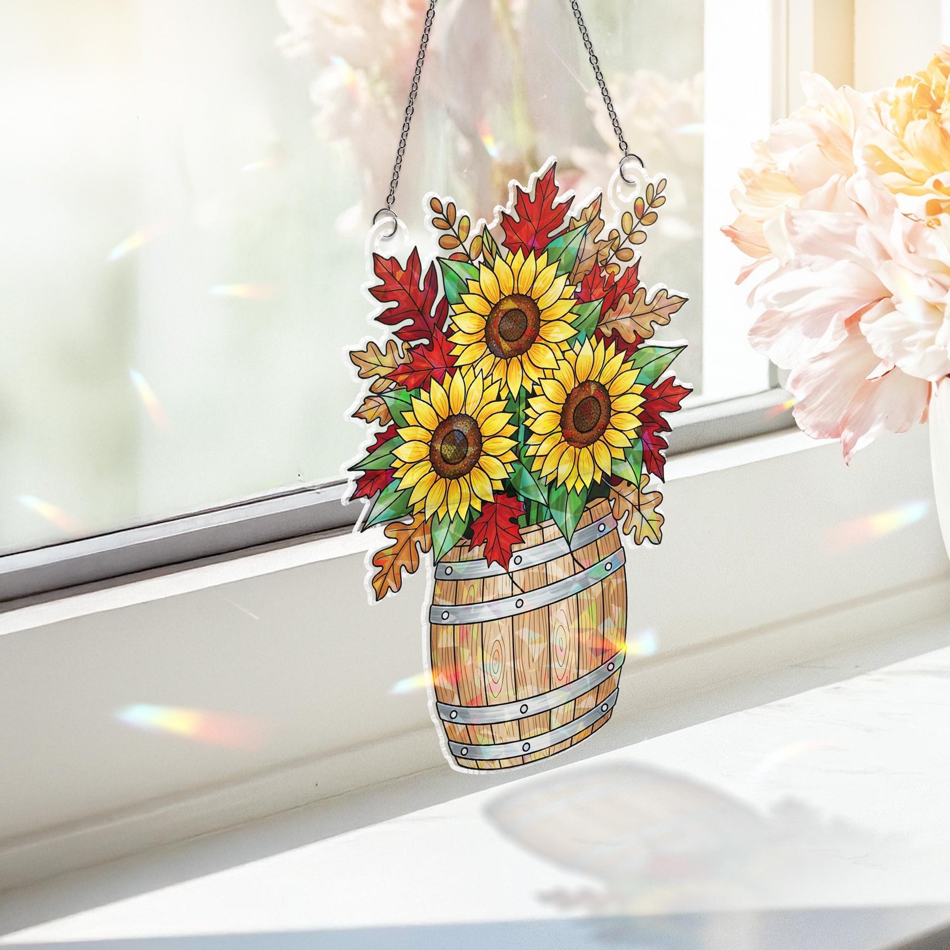 Holographic Sunflower Barrel Window Hanging – Autumn Sun-Catcher Décor, Glittering Fall Floral Ornament for Cozy Windows