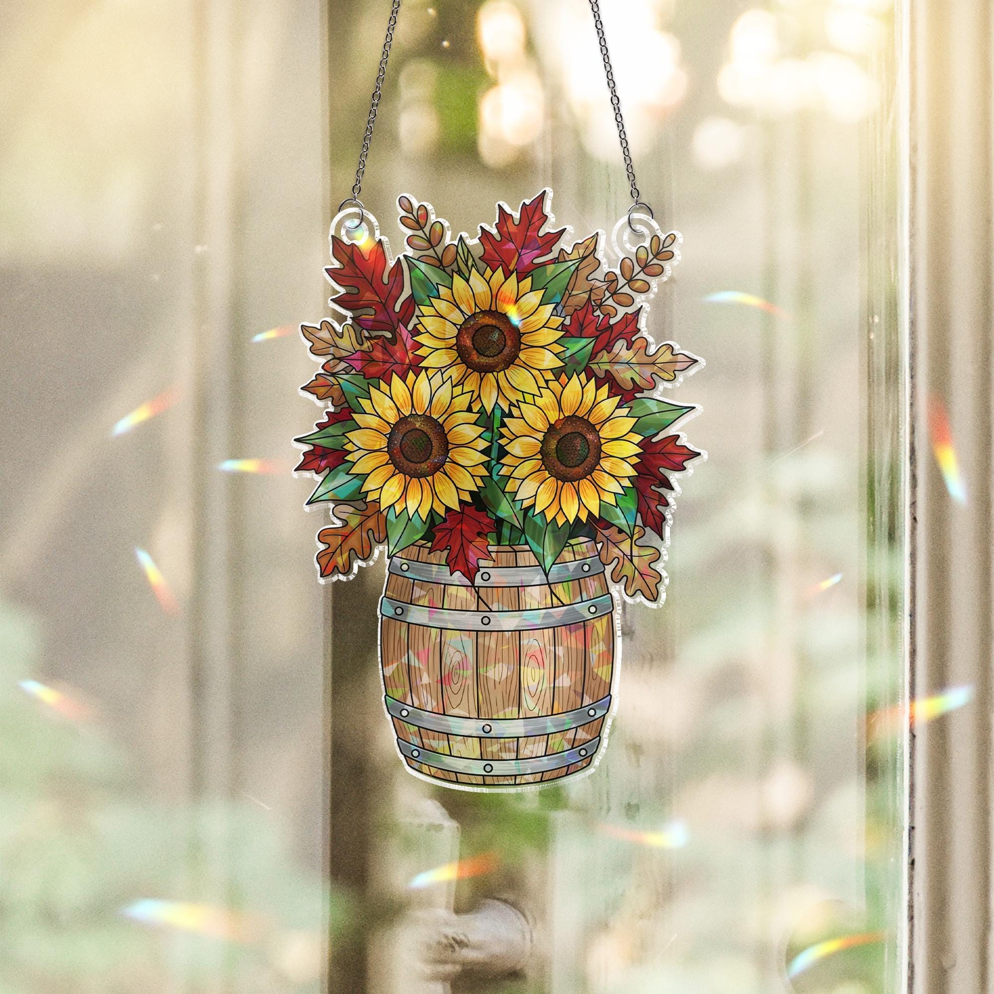 Holographic Sunflower Barrel Window Hanging – Autumn Sun-Catcher Décor, Glittering Fall Floral Ornament for Cozy Windows
