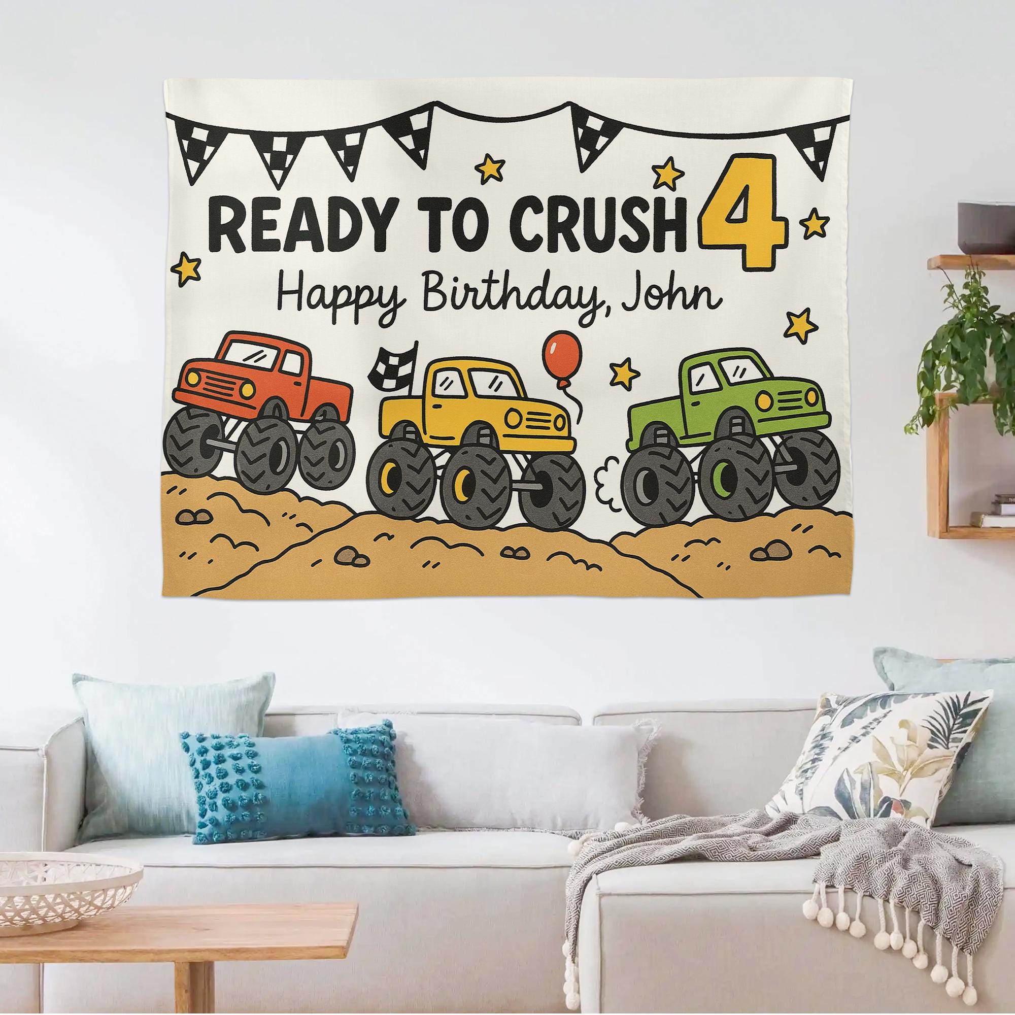 Personalized Truck Birthday Tapestry – Custom “Ready to Crush” Banner with Name and Age for Boy’s Birthday Party Decor