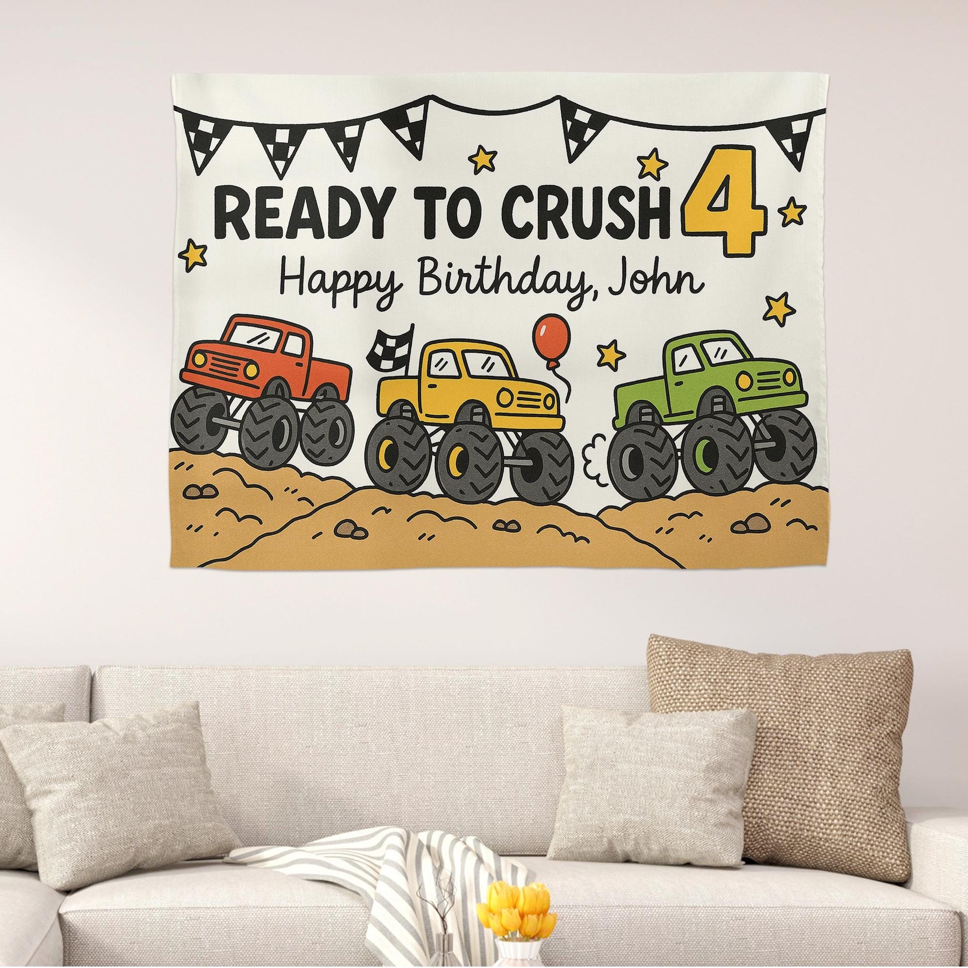 Personalized Truck Birthday Tapestry – Custom “Ready to Crush” Banner with Name and Age for Boy’s Birthday Party Decor