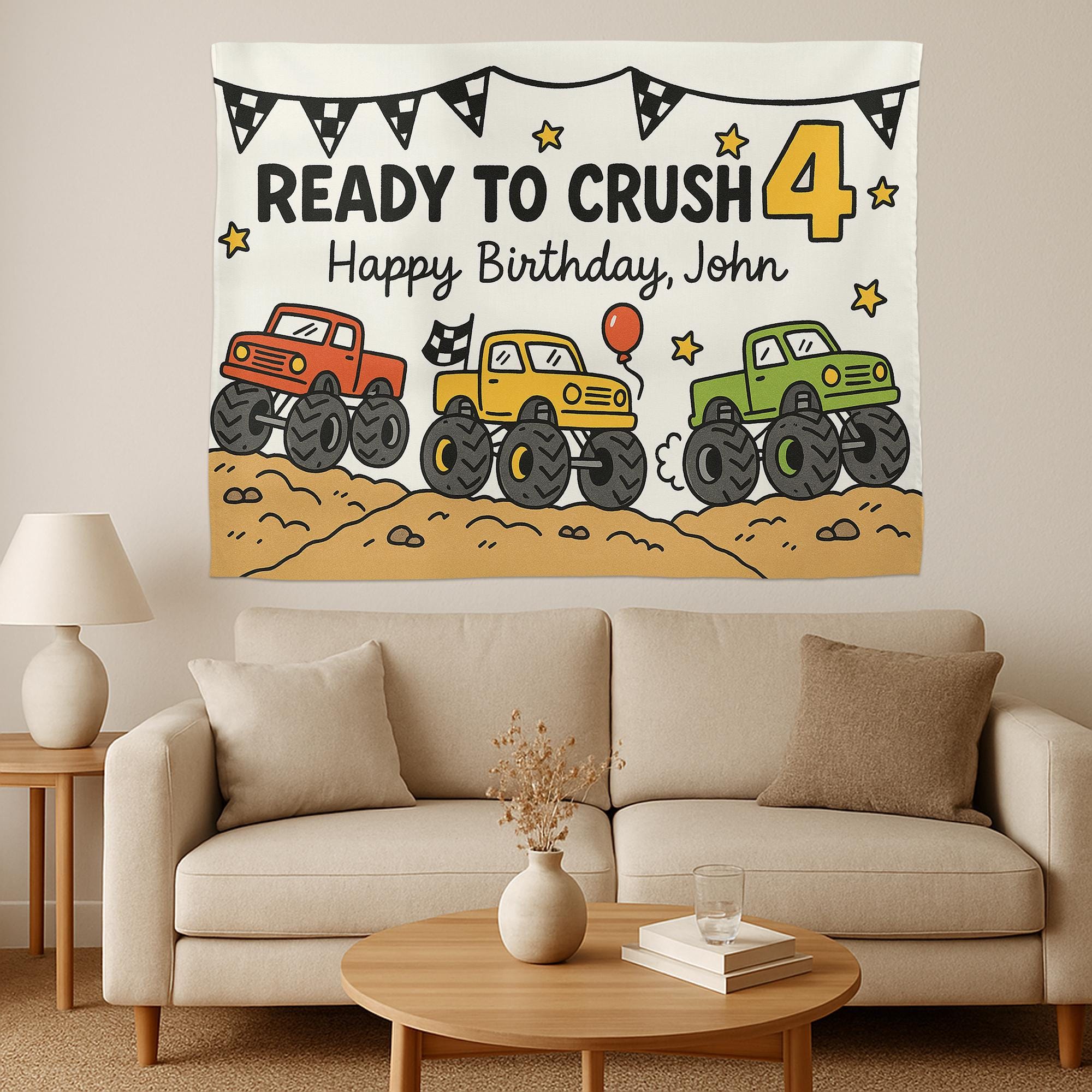 Personalized Truck Birthday Tapestry – Custom “Ready to Crush” Banner with Name and Age for Boy’s Birthday Party Decor