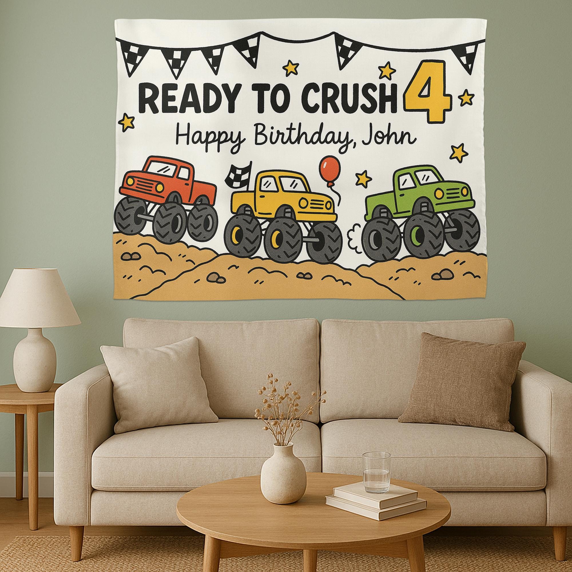 Personalized Truck Birthday Tapestry – Custom “Ready to Crush” Banner with Name and Age for Boy’s Birthday Party Decor