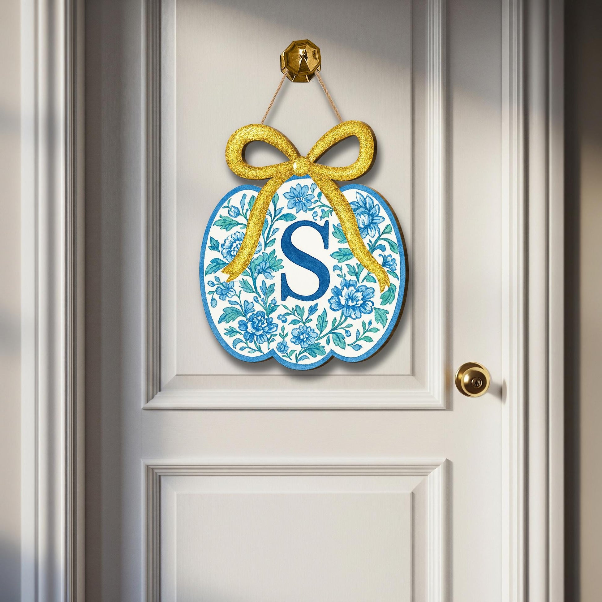 Blue Chinoiserie Pumpkin Door Hanger with Monogram - Fall Floral Wreath Sign - Personalized Autumn Porch Decor